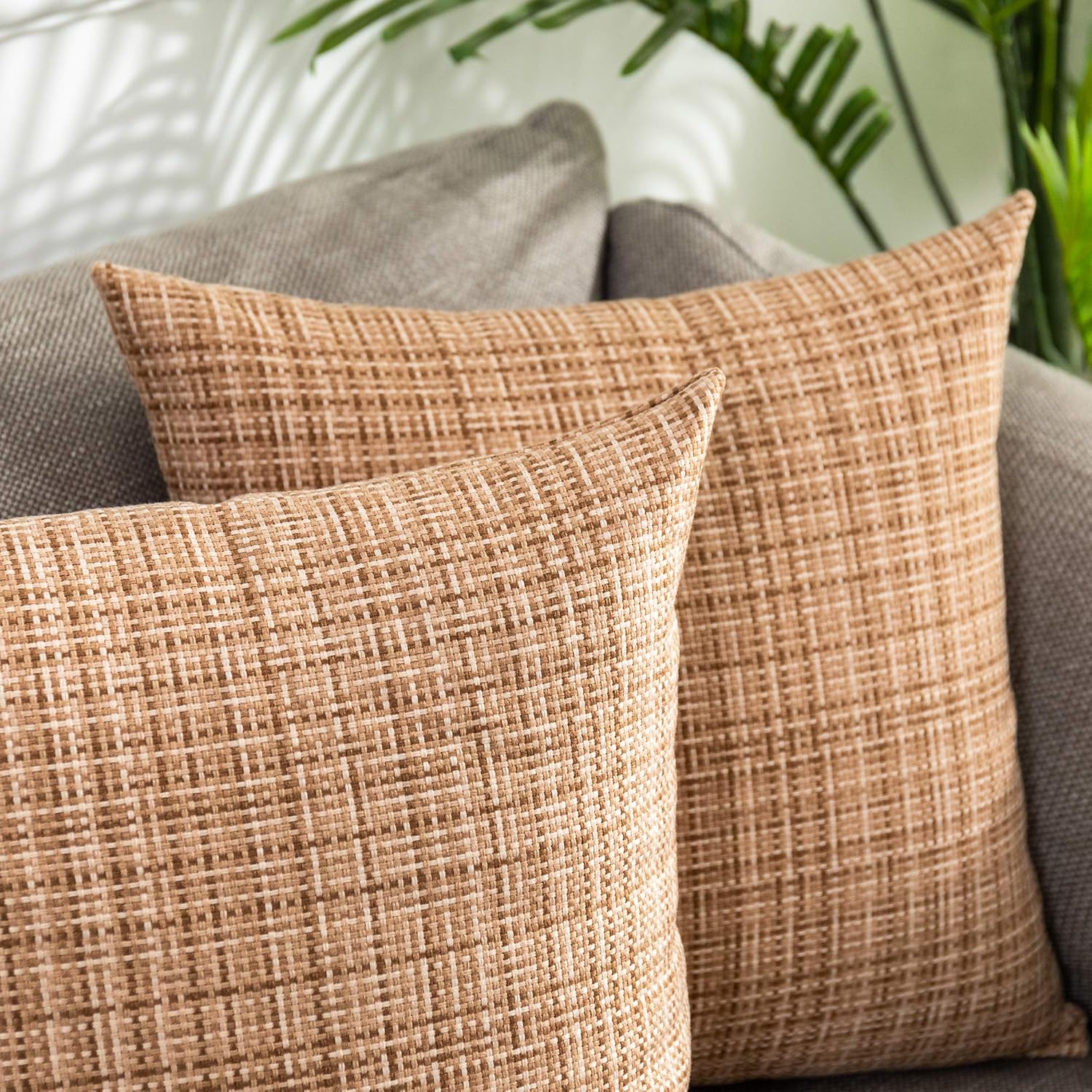 Kevin Textile Outdoor Waterproof Throw Pillow Covers 26x26 Inch Pack of 2 Woven Faux Linen Farmhouse Decorative Euro Shams Water Resistant Cushion Covers for Tent Patio Garden Couch Sofa Beige