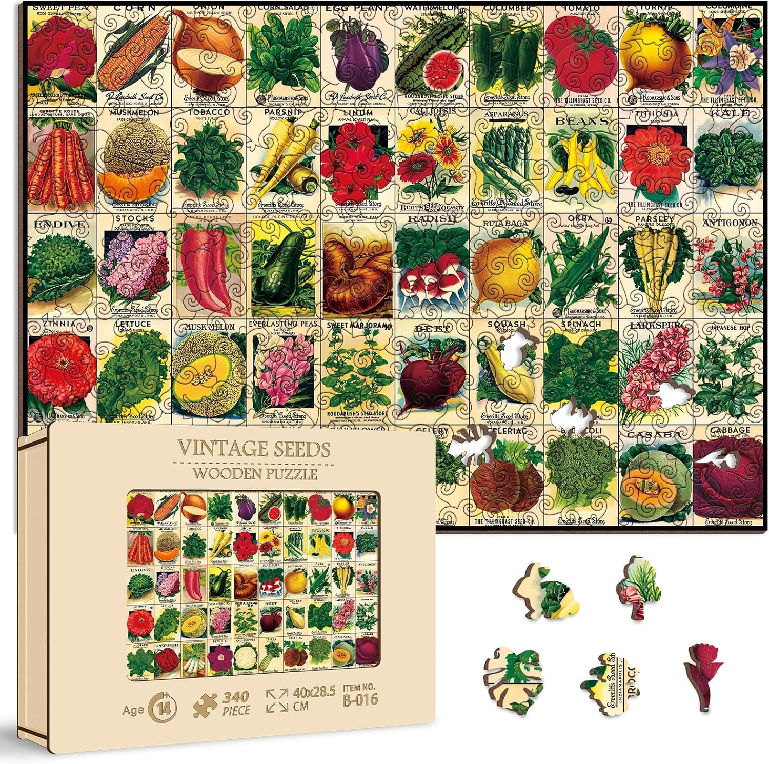 Vintage Plant Wooden Puzzles 340 Pieces for Adult, Garden Jigsaw Puzzles Fruit, Flower Wood Puzzle of Heirloom Seeds