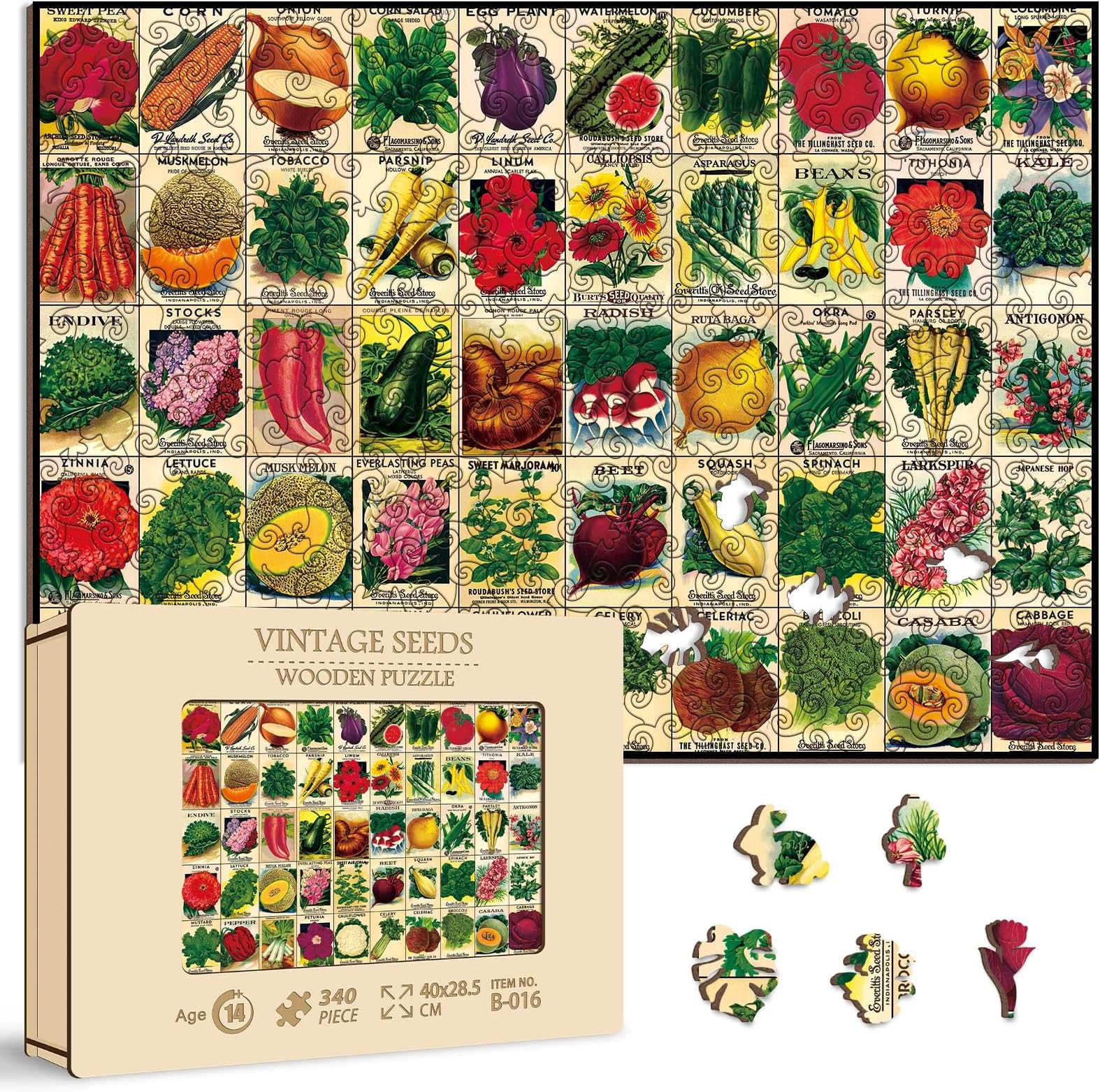 Vintage Plant Wooden Puzzles 340 Pieces for Adult, Garden Jigsaw Puzzles Fruit, Flower Wood Puzzle of Heirloom Seeds