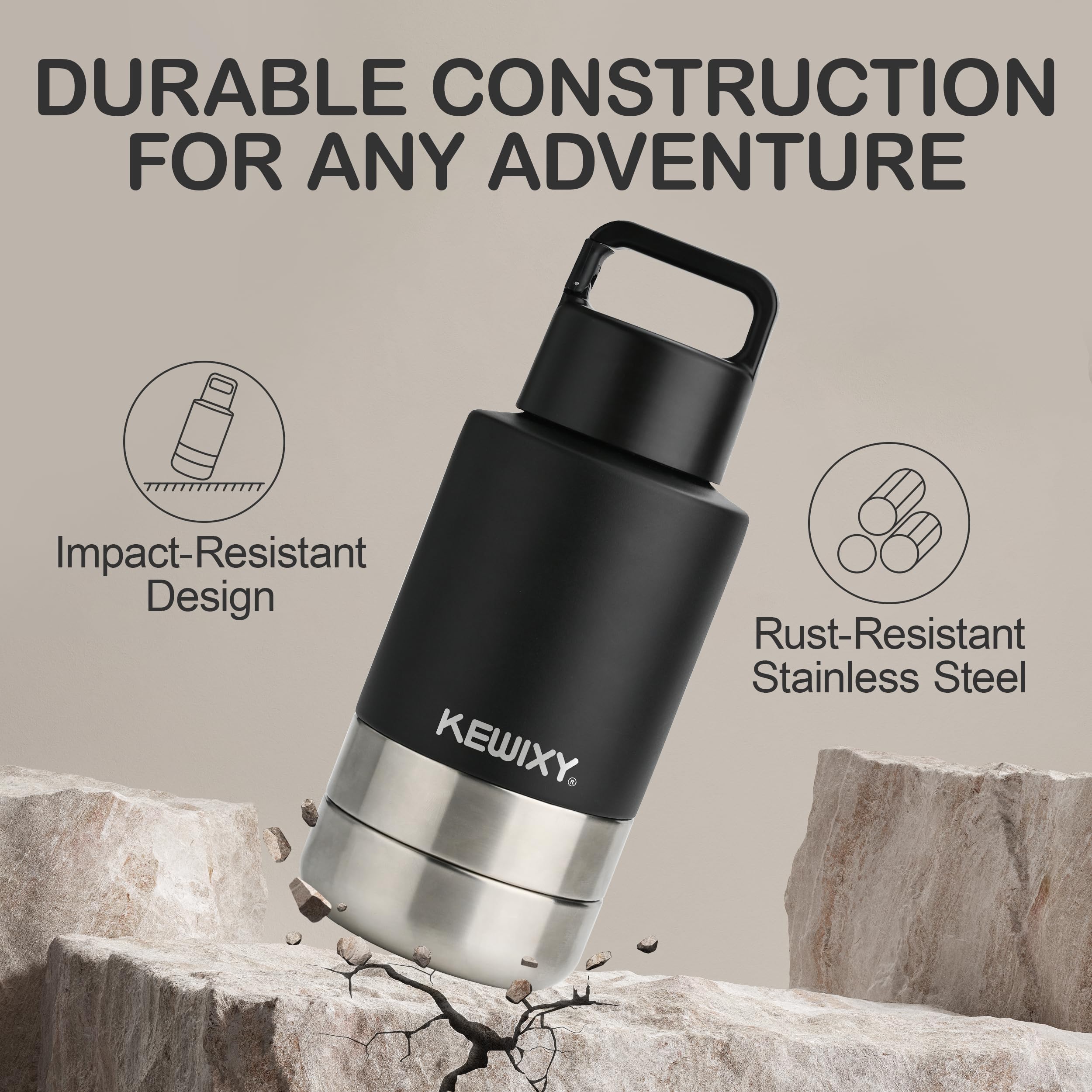 KEWIXY Isolierte Reise-Wasserflasche für Hunde mit abnehmbaren Näpfen, 3-in-1 tragbarer Hundewasserflaschenspender, Hundezubehör für Spaziergänge, Wandern, Camping, Outdoor (Schwarz, 907.2 g)
