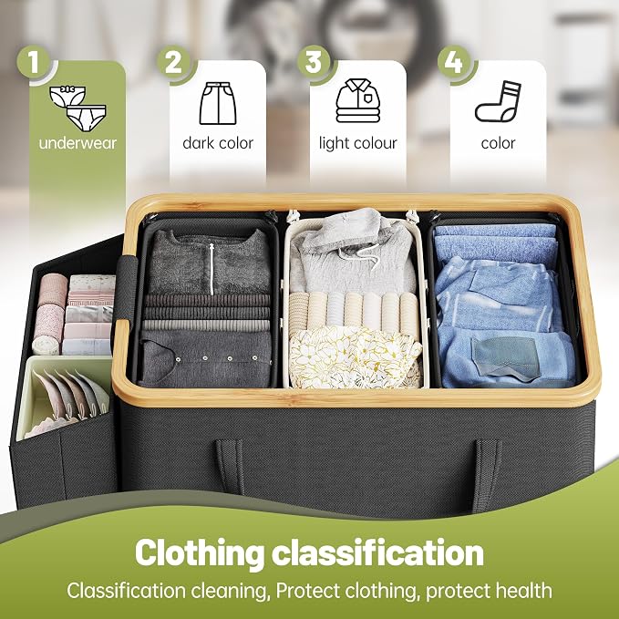 160L Double Laundry Hamper with Lid 2 Section, Large Bamboo Laundry Basket with 2 Removable Bags, Clothes Hampers for Laundry for Bedroom, Bathroom, Dorm, Laundry Room, Beige
