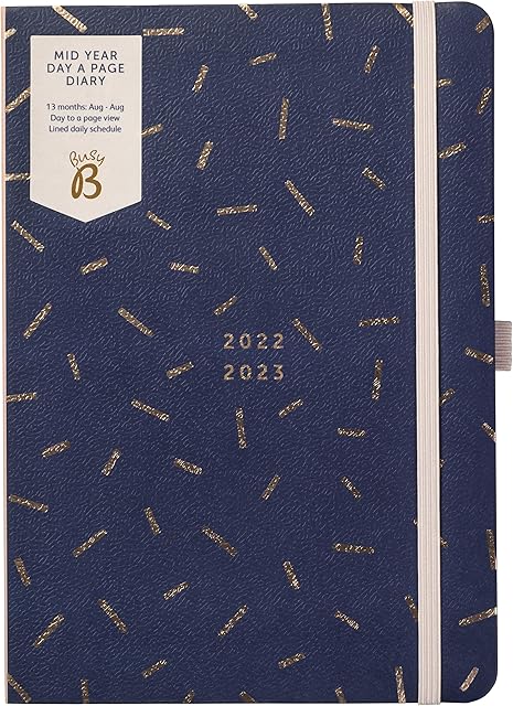 Busy B Mid Year Day a Page Diary August 2022 - August 2023. Sprinkle A5 Daily Planner with Pen Holder, Elastic Closure and Year Planner
