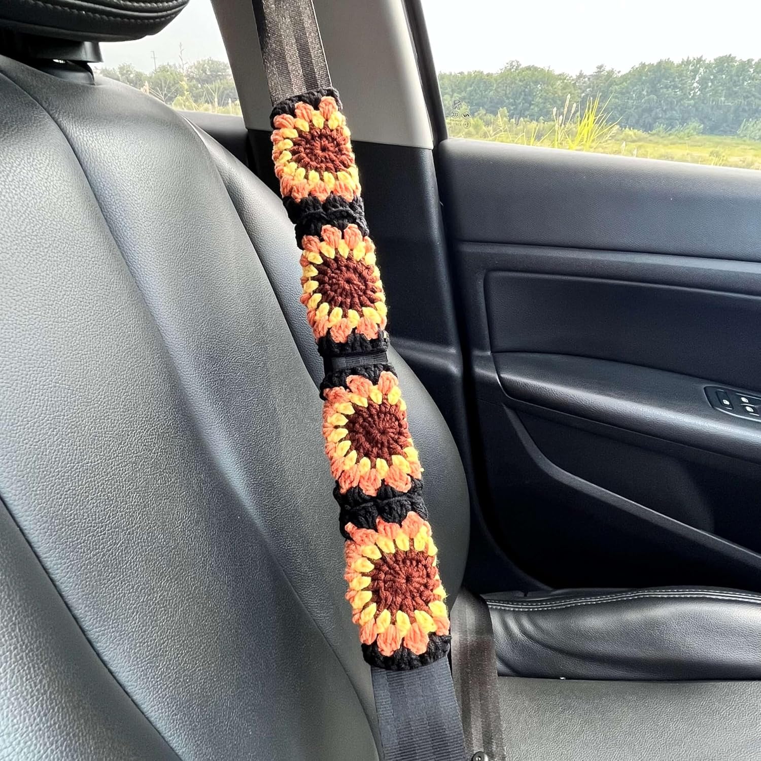 Crochet Steering Wheel Cover Set,Cute Car Steering Wheel Cover Boho 14-15in,Handmade Sunflower Granny Square Pattern Gift for Women, Accessories for Vehicles (Wheel Cover Set), HZYZW-72