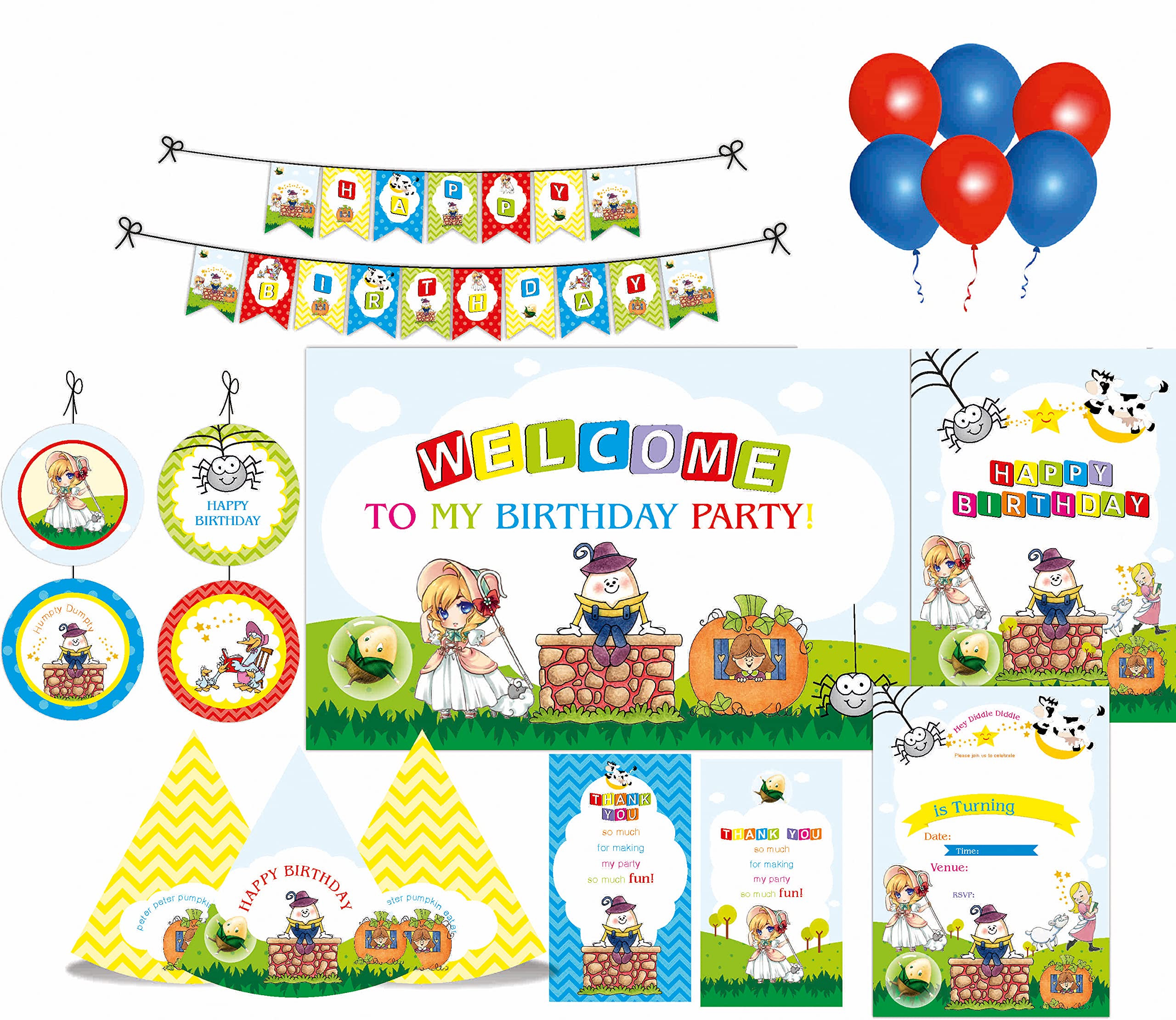 Pretty UR Party Nursery Rhymes Party decorations Kit - 80 pcs includes Banners, balloons, thank you, centerpiece, danglers, Caps, Rhymes Party Supplies, Birthday Decor, DIY décor Pack for toddlers