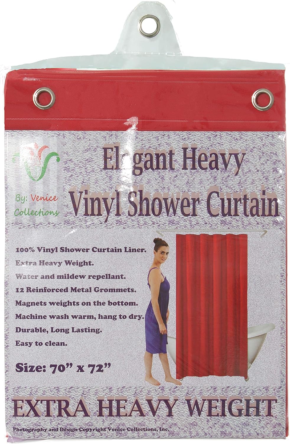 Venice Elegant Home Heavy Duty Vinyl Shower Curtain Liner with 12 Metal Grommets Red