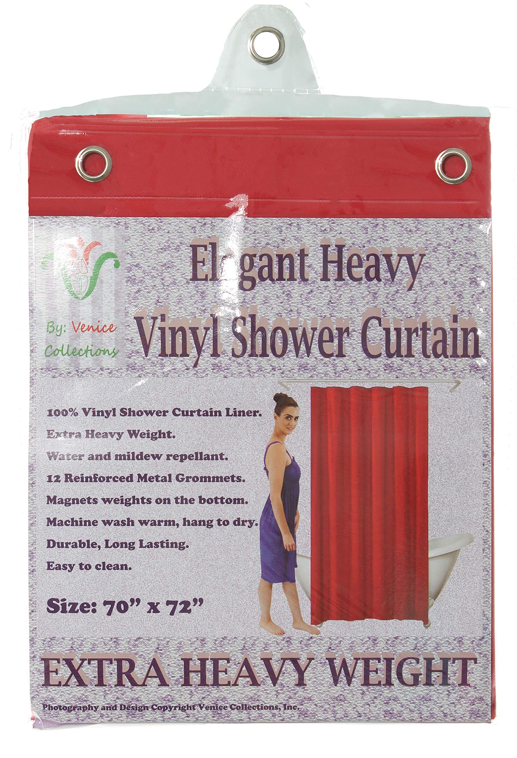 Venice Elegant Home Heavy Duty Vinyl Shower Curtain Liner with 12 Metal Grommets Red