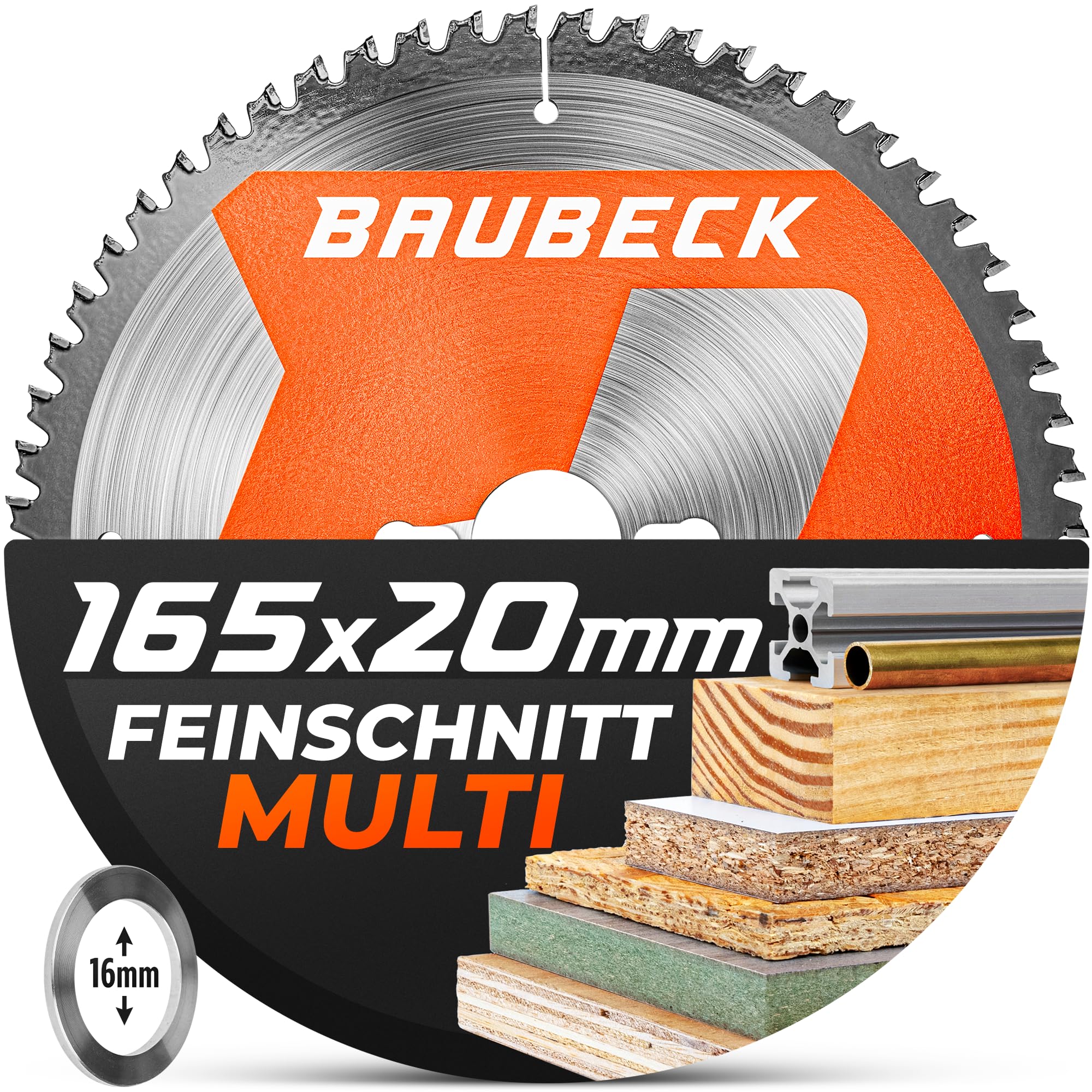BAUBECK Kreissägeblatt 165 x 20 mm inkl. 16mm Adapter – 56 Zähne, 1,5 mm Schnittbreite für Holz & Alu – Kompatibel mit Akku 18V Handkreissägen & Tauchsägen (165 x 20 mm, Silber)