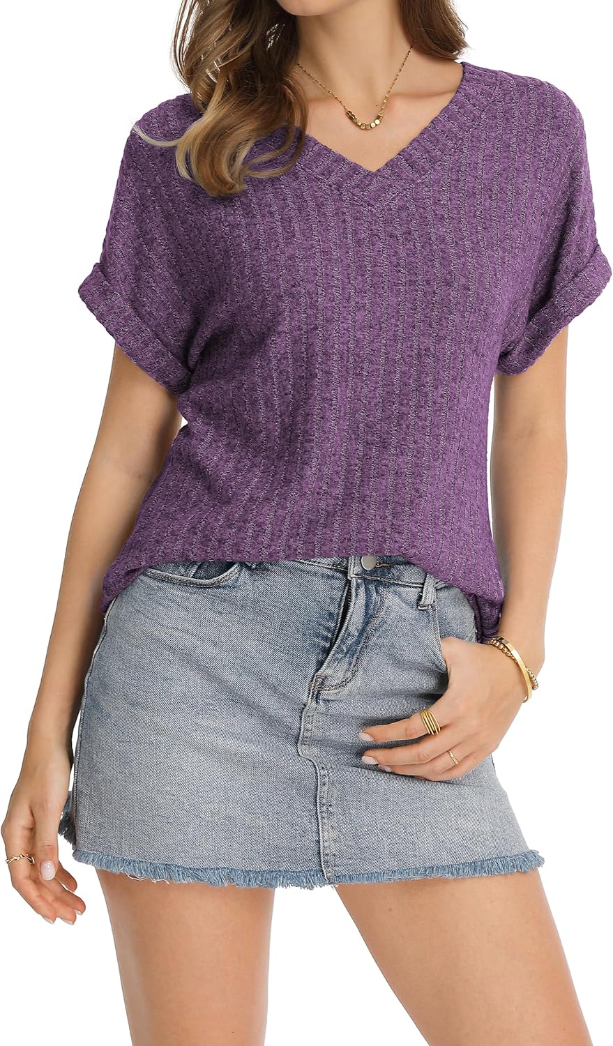 QUALFORT Womens V Neck Tunic Shirt Ribbed Knit Short Sleeve Loose Fit Tops Spring 2026 - Image 2