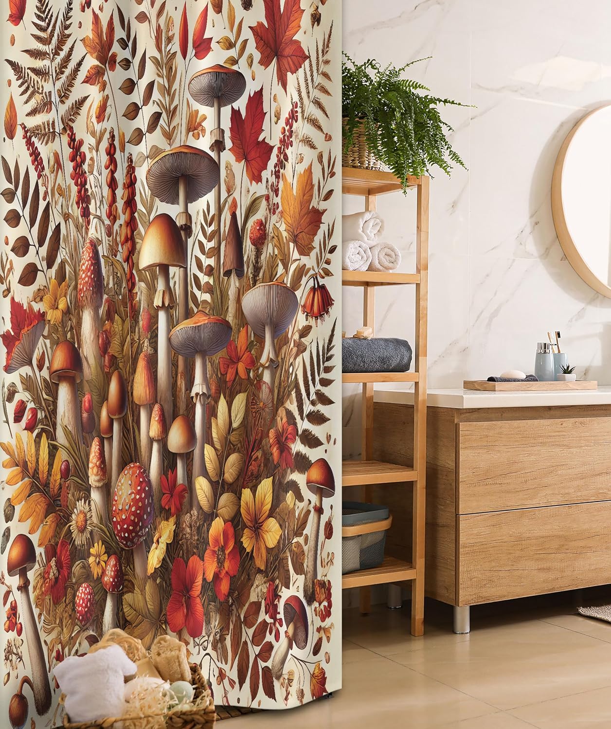 Ambesonne Fall Stall Shower Curtain, Woodland Botanical Bloom with Branches Leaves and Mushrooms Autumn Season, Fabric Bathroom Decor Set with Hooks, 36" W x 72" L, Cinnamon Fawn Orange