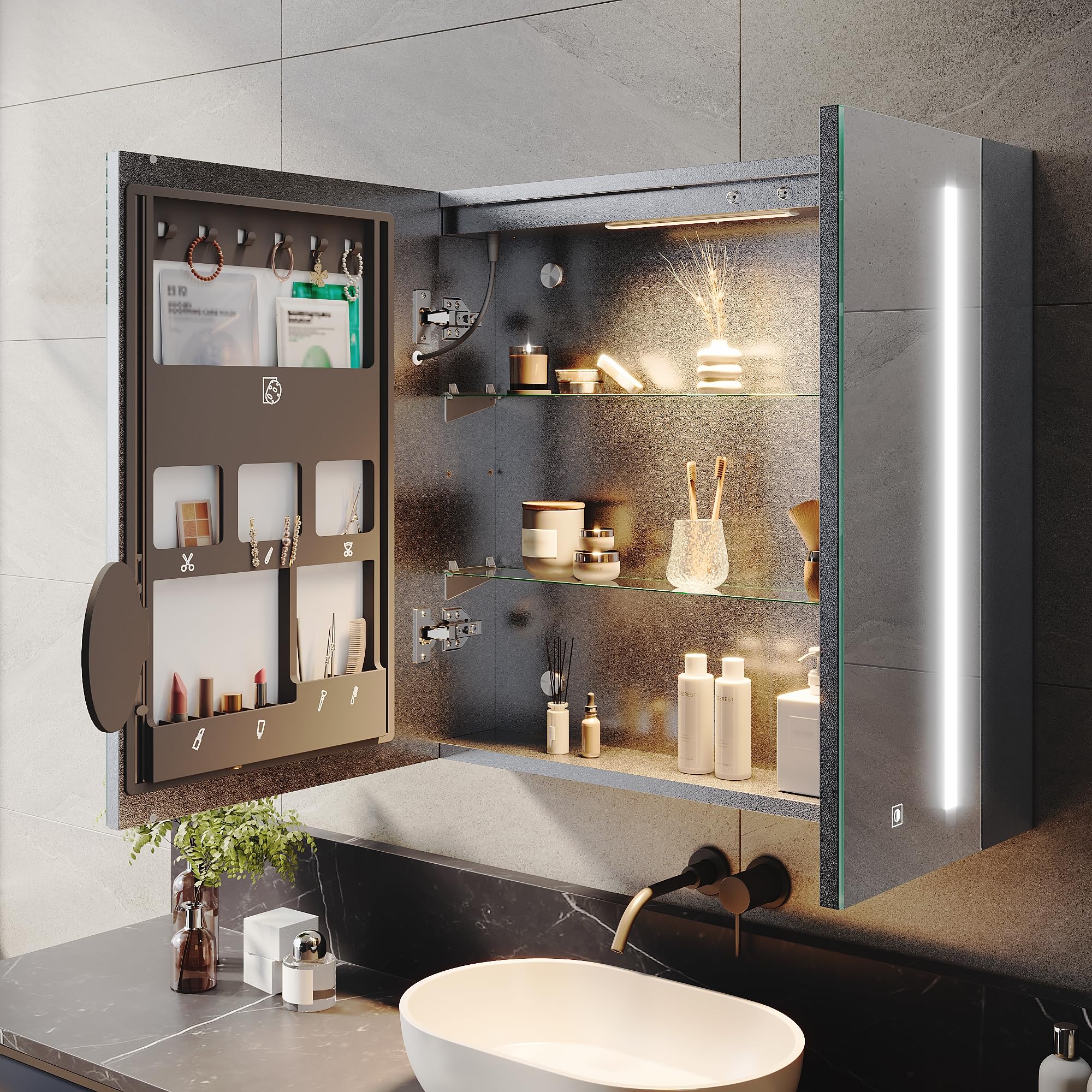 ELEGANT Bathroom Mirror Cabinet with LED Lights & Shaver Socket, 700x650mm
