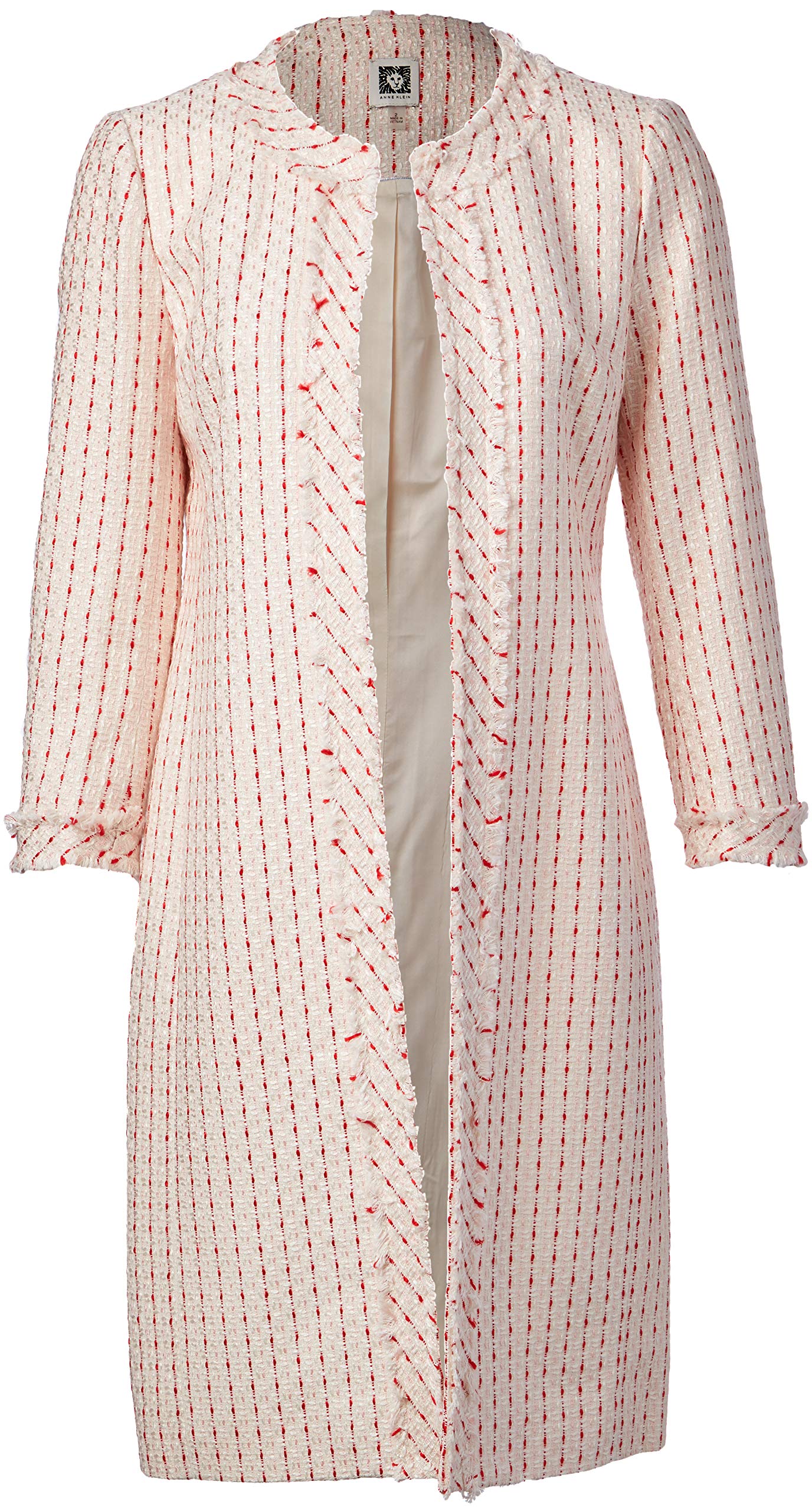 Anne Klein womens TWEED FRINGE COLLARLESS LONG COAT Blazer