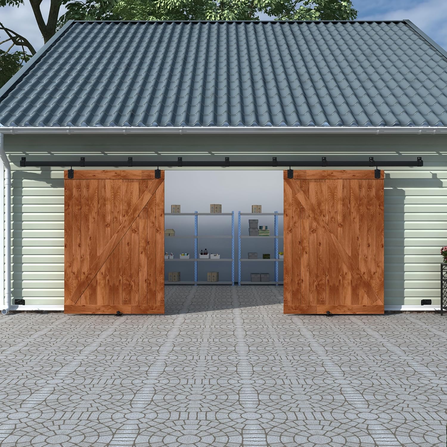 16FT Black Box Rail Exterior Barn Door Hardware Track Kit for 2 Doors, Heavy Duty Barn Door Track Set, Wall Mount Outdoor Weatherproof Double Door Hardware with 9 Track Brackets(No Doors）