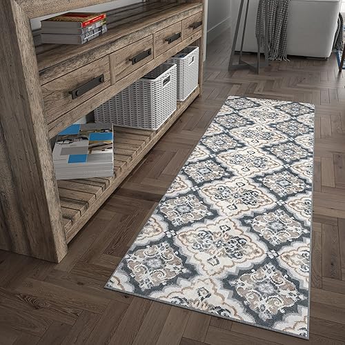 Peoria - Alfombra de pasillo gris de 2 x 10 pies, alfombra para pasillo, entrada interior, cocina o vestíbulo, alfombra floral - Alfombras para sala