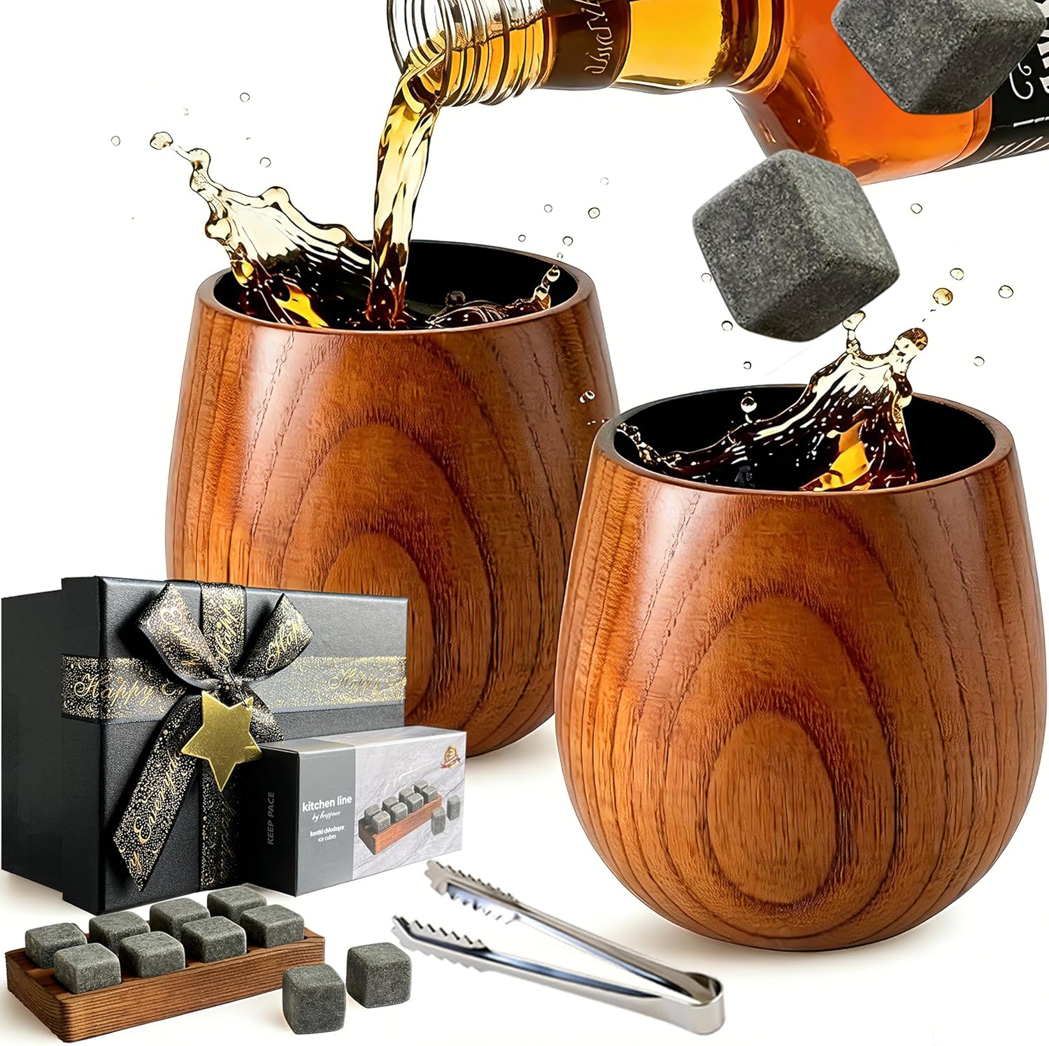 Wooden Charred Whiskey Glasses Set 2Ps,Reusable Ice Stones&Tongs-Bourbon Scotch Drinkware-Rustic Barware Gift for Woman/Men'Dad,Him-Home Bar Whiskey Accessories-Whiskey Lover Gift Ideas