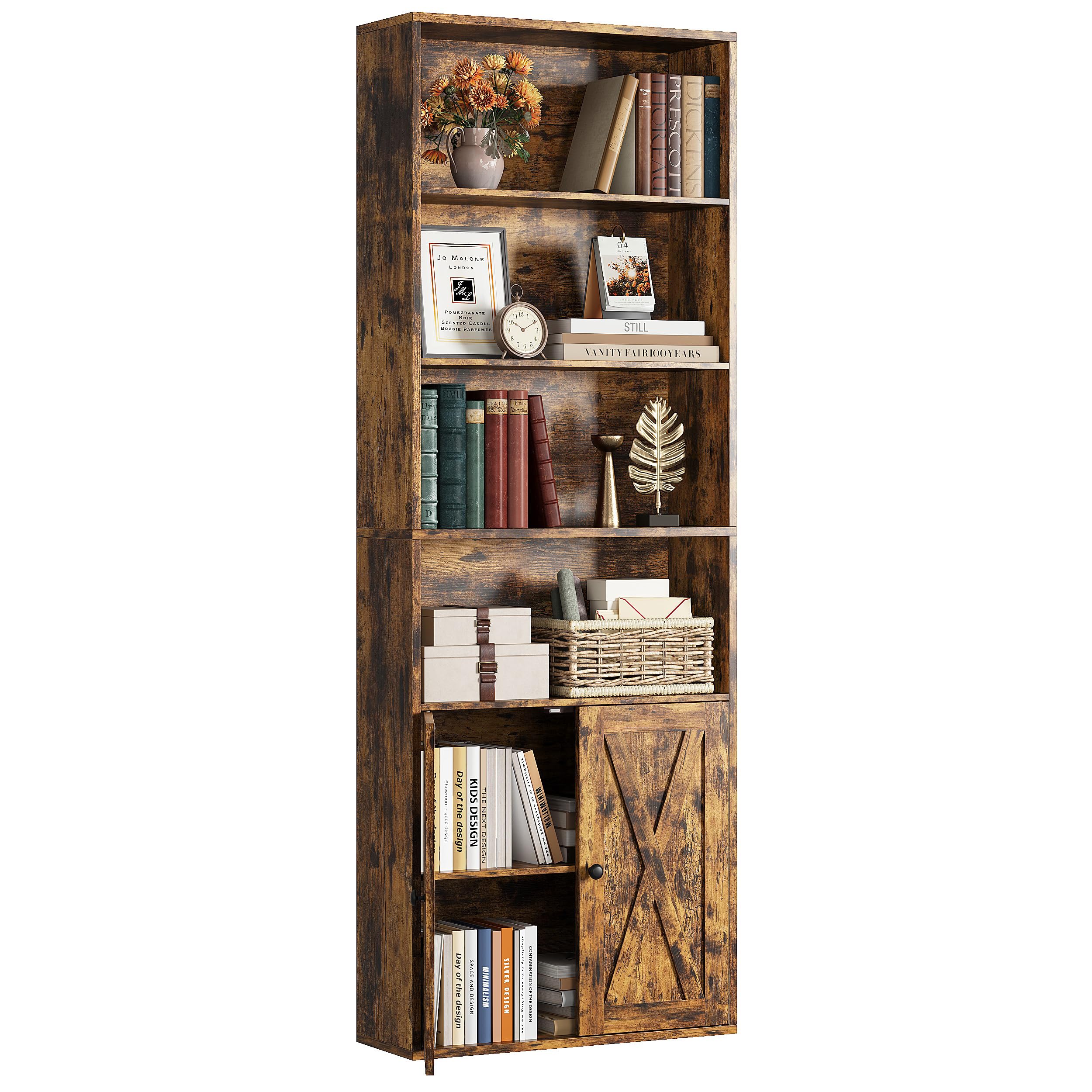 IRONCK Bücherregal Braun, Standregal mit Türen, Holz Regal mit 6 Ebenen, Offenes Aufbewahrungsregal für Wohnzimmer, Homeoffice, Esszimmer, Schlafzimmer, 24 x 60 x 180 cm