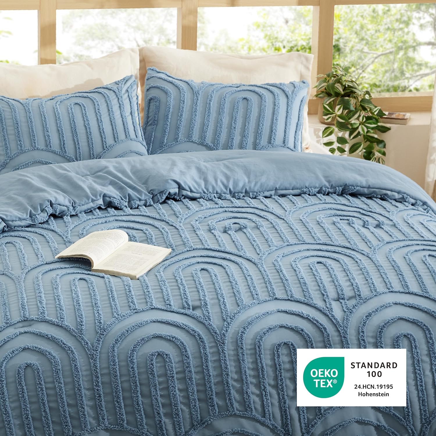 Bedsure Boho Tufted Blue Comforter Set Queen Size, GentleSoft™ 3 Pieces Boho Farmhouse Decor Bedding, Arch Shabby Chic Bedding for All Seasons, 1 Bed Comforter, 2 Pillow Shams, 90x90 Inches - Image 5