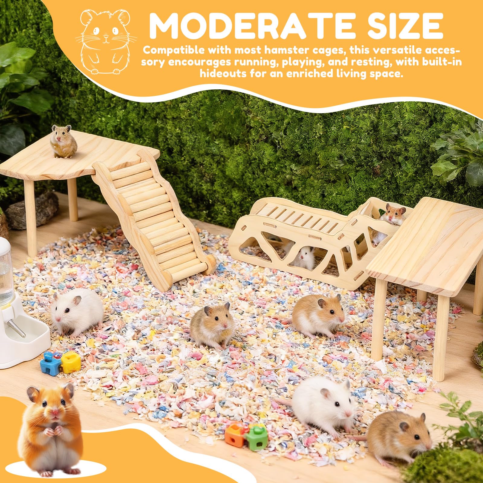 4-Piece Set Hamster Play Wooden Platform, Hamster Hides Tunnel Shelter w Ladder, Small Animal Wood Stand, Hamster Toys Cage Accessories for Dwarf Syrian Hamsters Gerbils Mice Degus or Other Small Pets - 5
