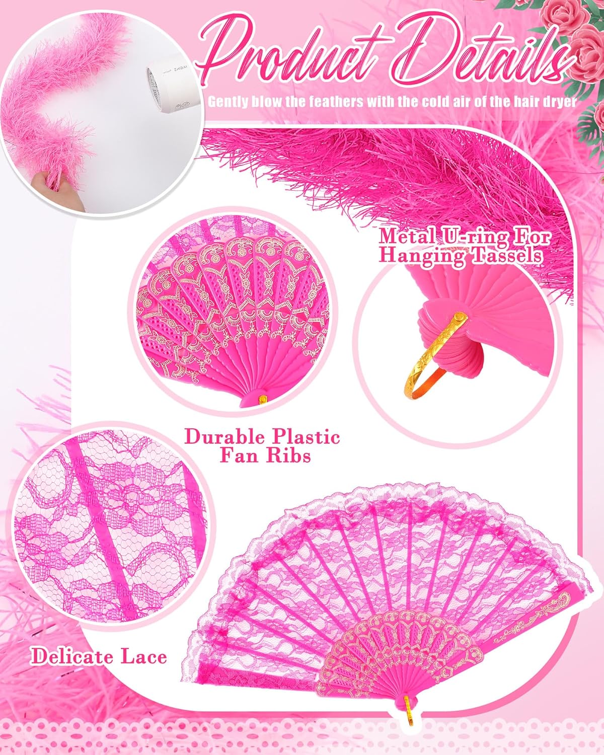 Taiyin 12 Pcs Feather Boa Artificial Fluffy Boa Bulk Lace Handheld Folding Fan Set 5.9 ft Wedding Bridal Shower 1920s Costume