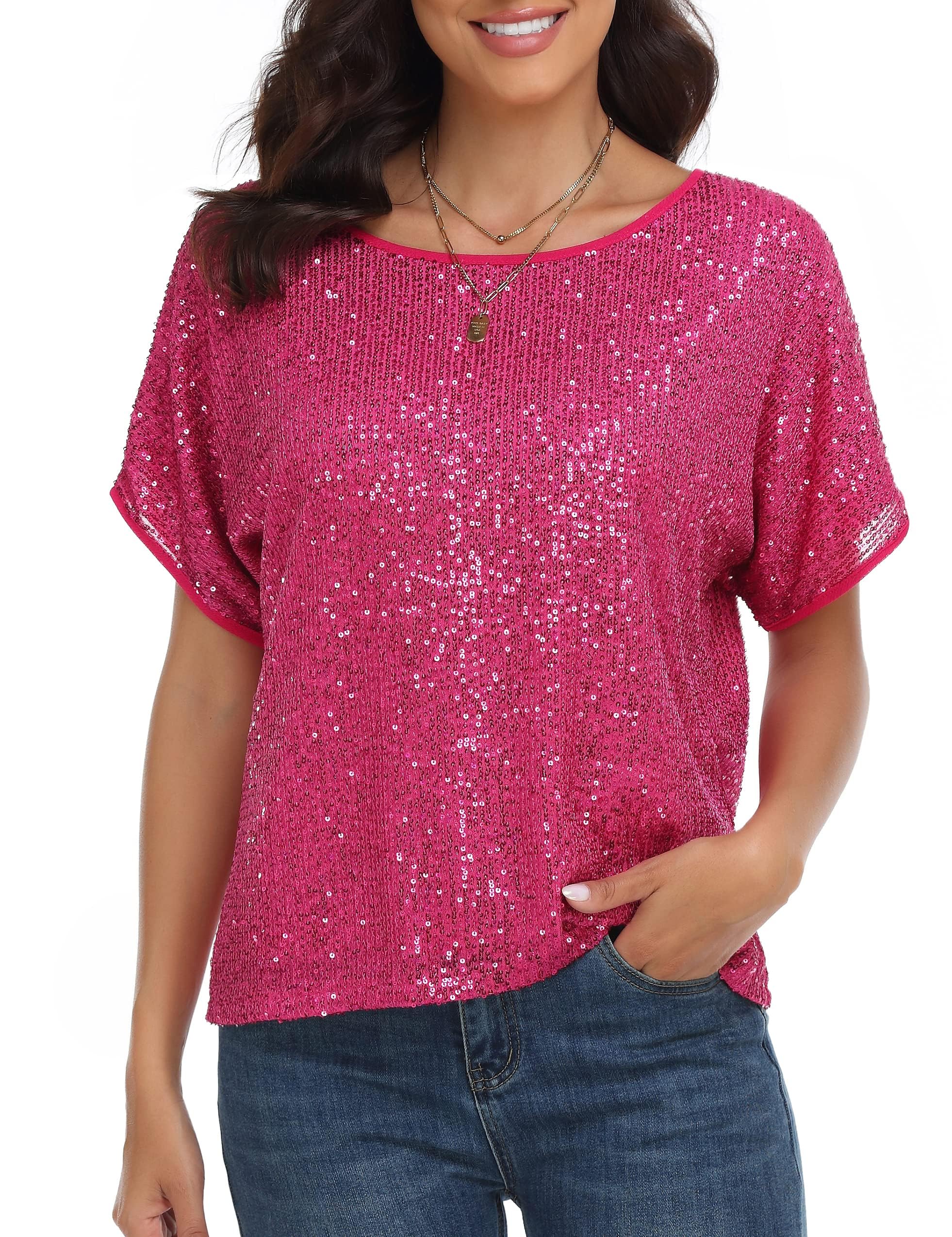 PrettyGuide Women's Sparkly Sequin Tops Short Sleeve Glitter Loose Party Shirt Blouse Boat Neck Dressy Top