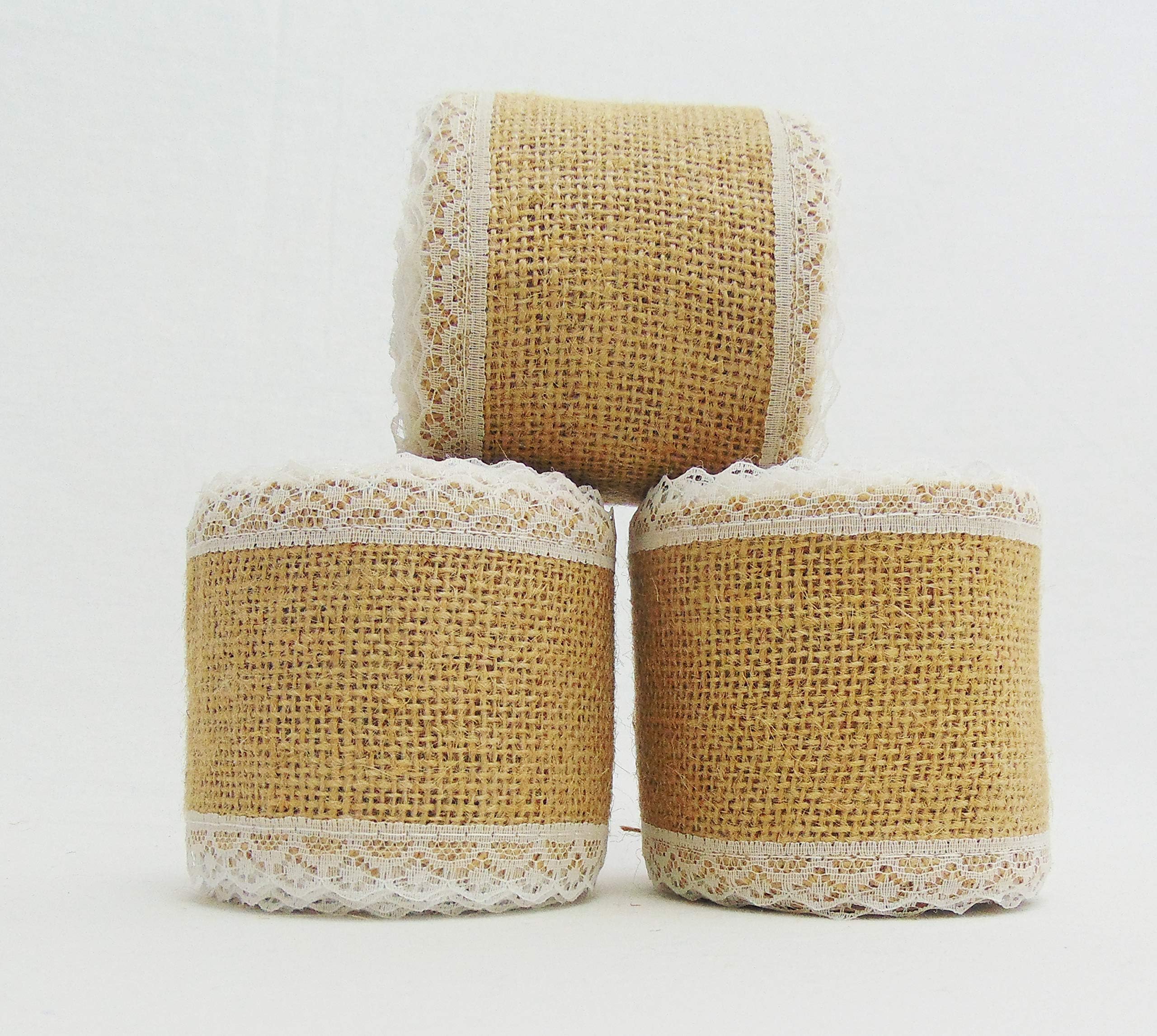 AAYU 3 Pack - 3" Burlap Ribbon roll 15ft with lace | 3 Inches x 5 Yards Natural Jute Roll Perfect for Wedding Decoration Gift Wrapping and DIY Crafts (White Lace on Both Sides) Total 15 Yards