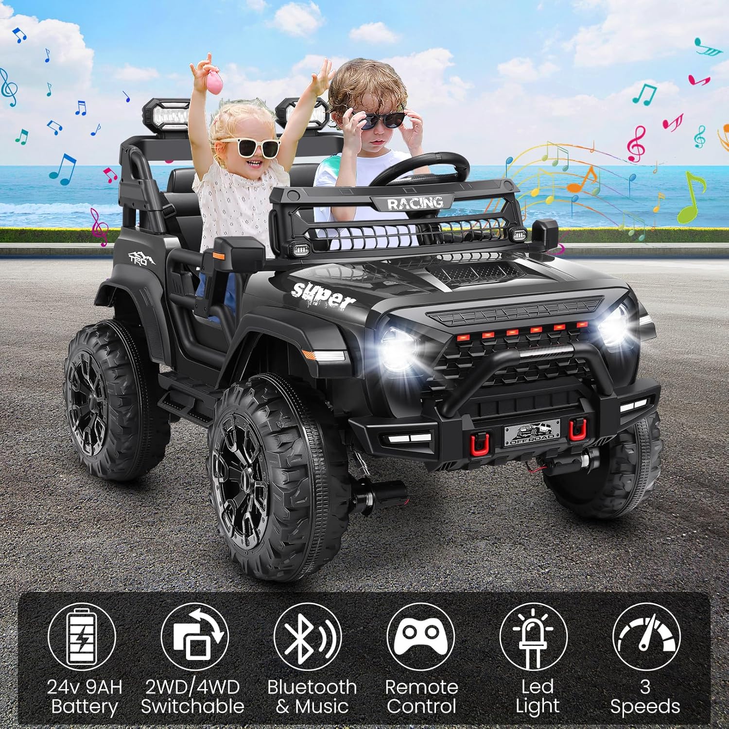 Hikole 24V Ride on Car with Remote Control, 2 Seater Electric Car for Kids w/20 Inch Wide Seat, 4x100W Motor, LED Headlight & Music Player, Power Car Wheels Ride on Toys for Boys Girls, Black