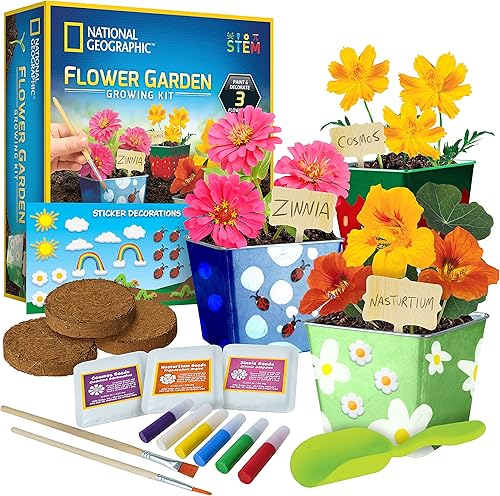 NATIONAL GEOGRAPHIC Kit de jardinería de flores y hierbas para niños, juego de jardinería para niños con 3 macetas de acero inoxidable, pintura y
