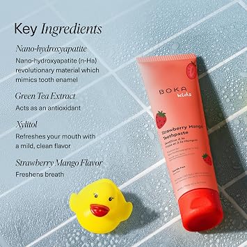 Boka Fluoride Free Toothpaste Nano Hydroxyapatite Toothpaste - Strawberry Mango Flavor, 4 oz 1Pk and Boka Classic Manual Toothbrush with Extra Soft Activated-Charcoal Bristles, White, Bundle