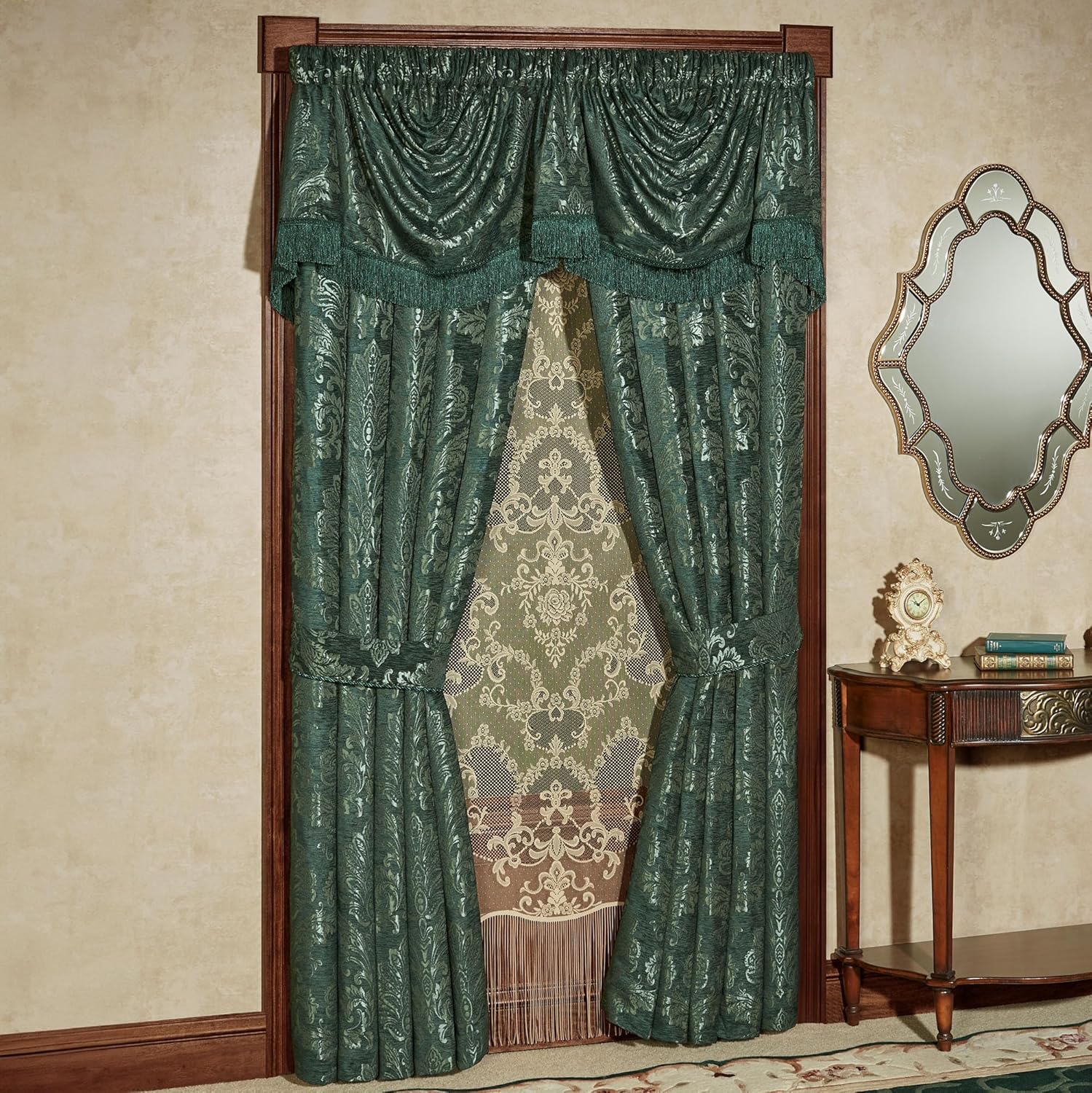 Touch of Class Camelot Luxury Window Treatment | Striking Emerald Green | Matte Satin Damask on Richly Textured Jacquard-Woven Chenille Drapery Set Includes Empire Valance and 95L Curtain Pair