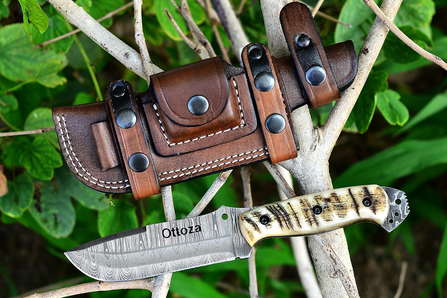 Ottoza Fixed Blade Hunting Knife with Leather Sheath and Horizontal Carry - Ram Horn Handle - Full Tang Outdoor Survival and Camping Knife for Men 308