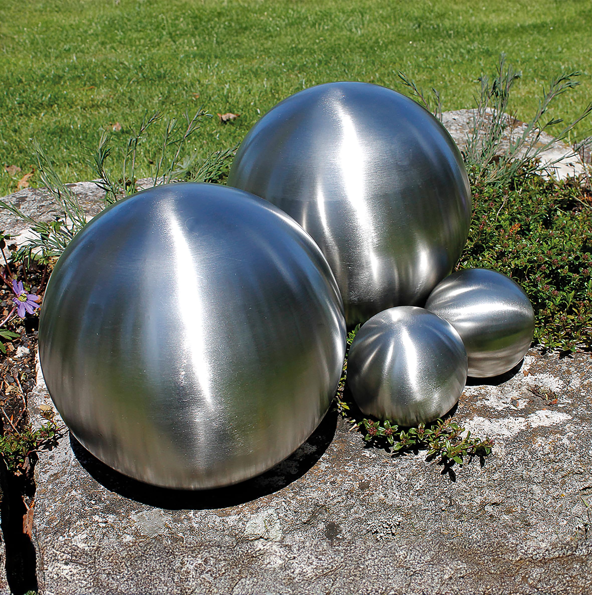 Juego de 4 bolas de jardín de acero inoxidable cepillado mate – 10/15/20 cm – Bola hueca decorativa de metal plateado – Decoración de metal redonda