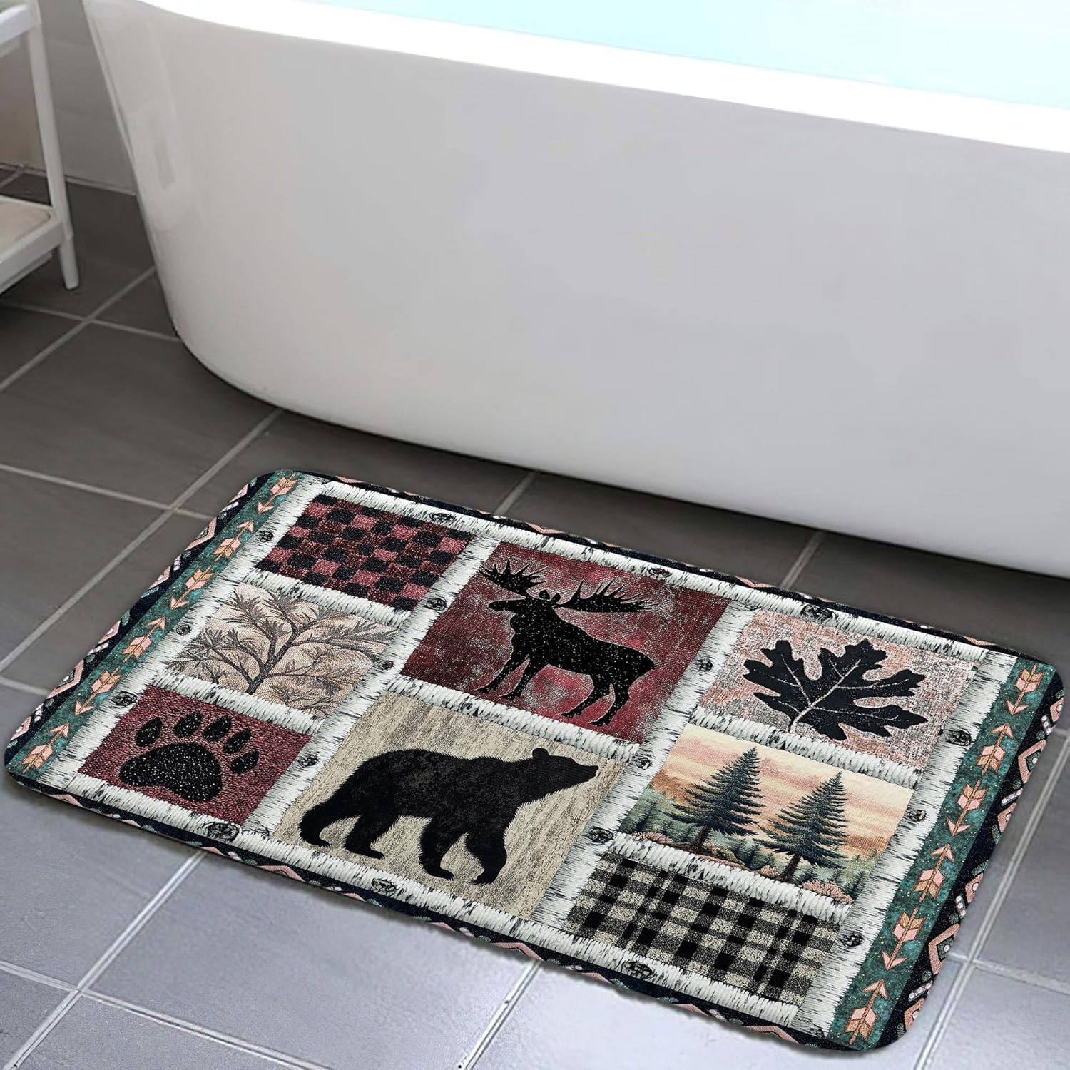Rustic Cabin Bath Rugs for Bathroom, Country Bear Deer elk Moose Patchwork Green Forest Woodland Lodge Wooden Board Bathroom Rug Bath Mat Set Floor Mats, Wild Animas Vintage Brown Doormat, 17x48inch