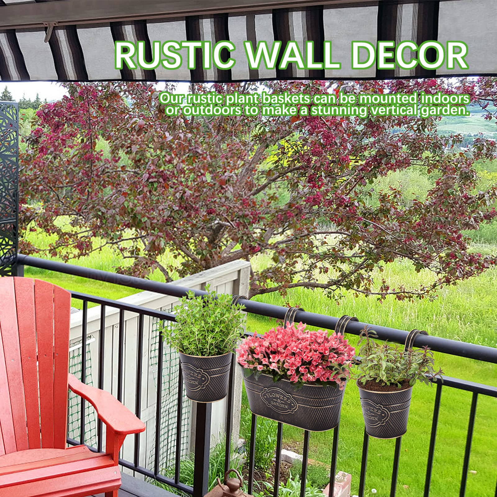 Wnvivi Metal Hanging Planters Set of 3,Vintage Hanging Plant Holder with Double Hooks,Rustic Metal Iron Wall Hanging Flower Pots(3Pcs)