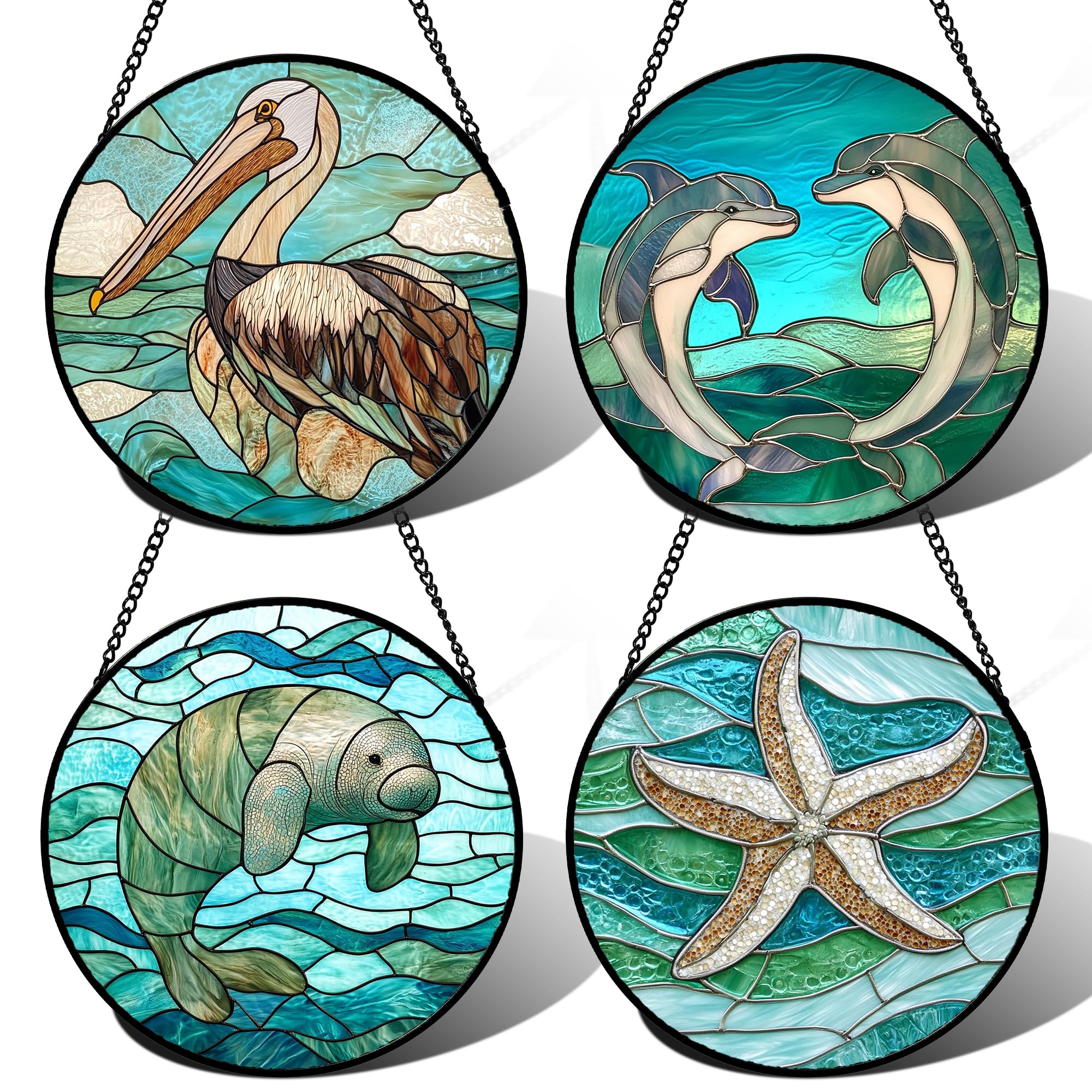 DASTOLL Stained Glass Window Hanging 4 Pcs Set Cyan Ocean Life Theme 6.3" - Sea Starfish Suncatcher Door Garden Sun Catcher Decor Birthday for Mom Woman Nana Men Friend