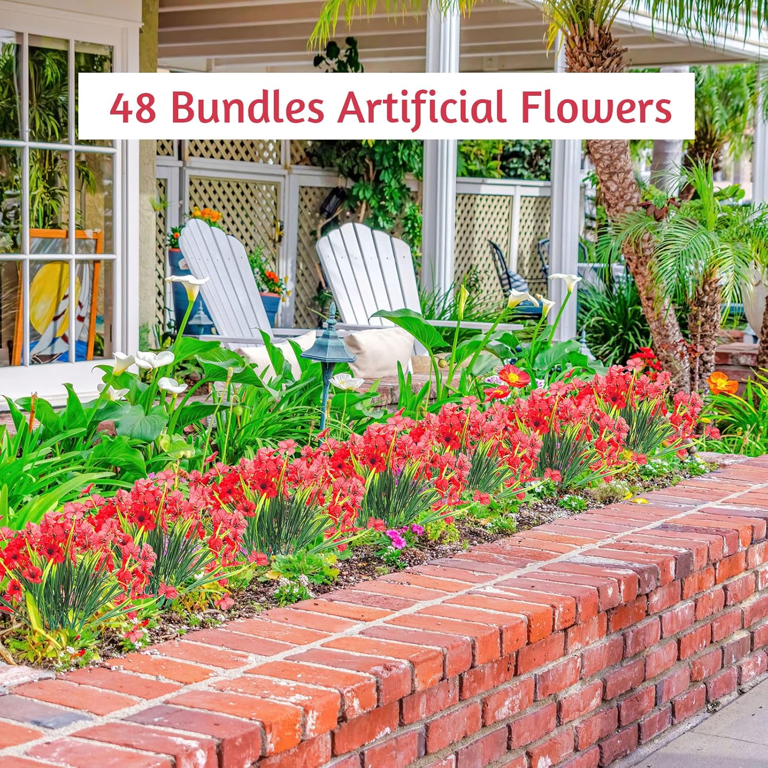 Janinka 48 Bundles Red Artificial Flowers Outdoor Faux Flowers UV Resistant Fake Plastic Plants No Fade Deep Red Greenery Shrubs for Porch Garden Planters Porch Window Wedding Box Decorating - Image 4