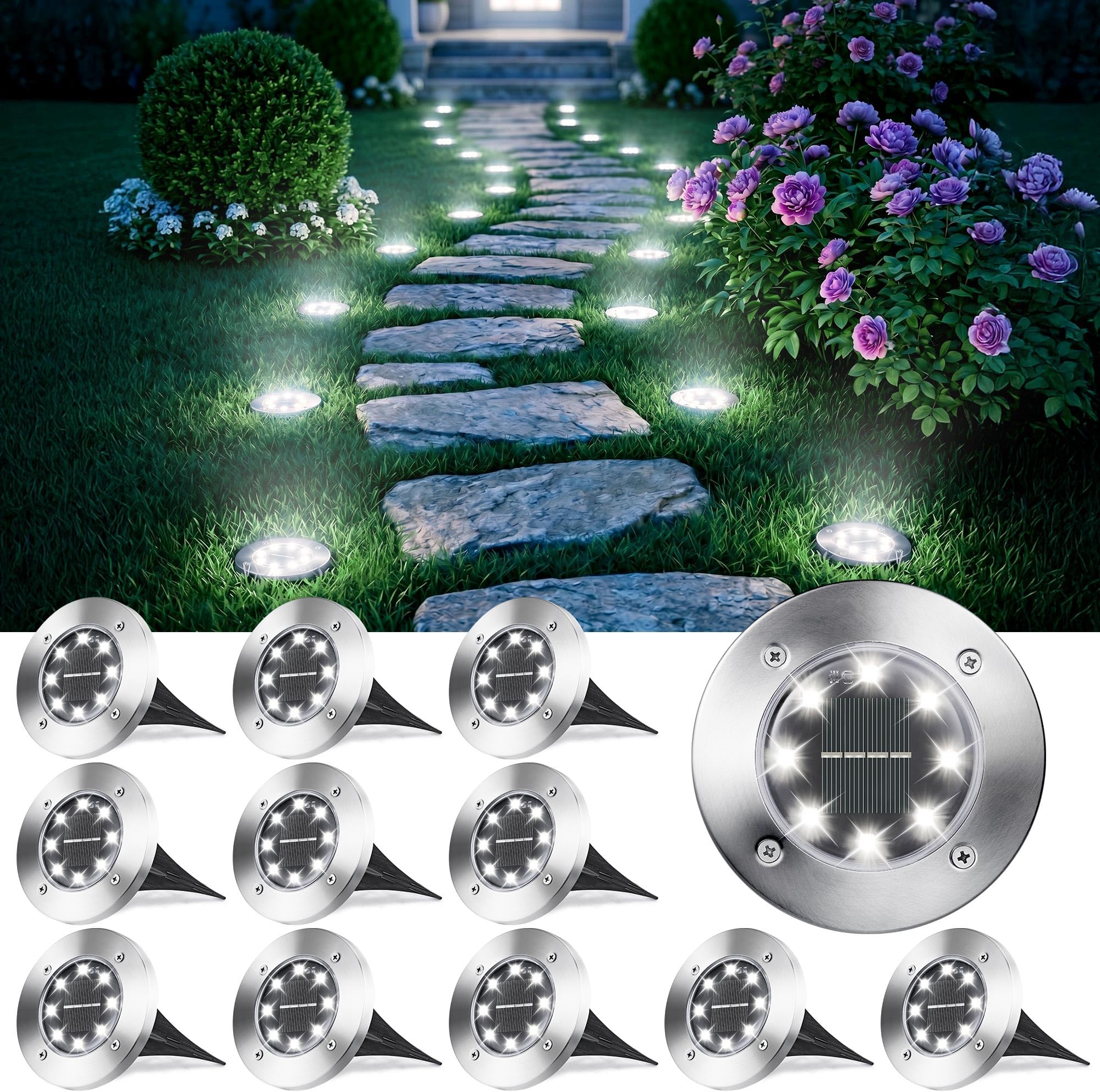 Joomer Solar Ground Lights, 12 Pack 8 LED Pathway Lights Waterproof In-Ground Outdoor Landscape Lighting Disk for Patio Lawn Yard Driveway Walkway (White)