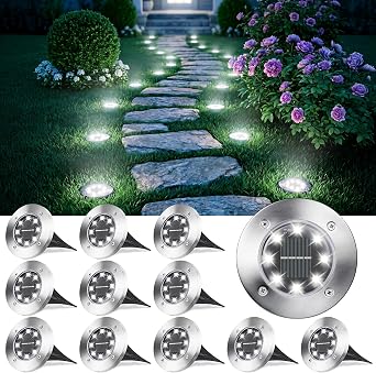 Joomer Solar Lights Outdoor Garden 12 Pack Solar Ground Lights Cool White | 8 LED Solar Powered Disk Lights 600mAh Waterproof Decoration for Pathway Yard Walkway Patio Lawn Path