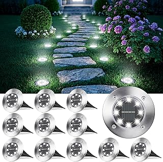 Solar Lights Outdoor Garden, 600mAh Solar Ground Lights 8 LED Solar Powered Disk Lights Waterproof for Pathway Yard Walkway Patio Lawn Path(12 Pack, Cool White)