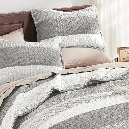 Miniatura 5 de Andency - Juego de edredón a rayas color gris Queen (90 x 96 pulgadas), 3 piezas (1 edredón a rayas y 2 fundas de almohada), juego de colcha de