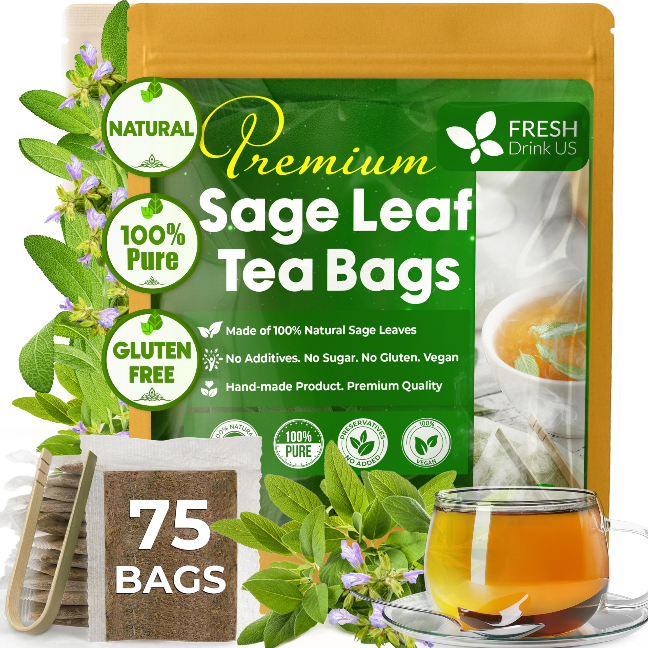 FreshDrinkUS, Premium 75 Sage Leaf Tea Bags, 100% Natural & Pure from Sage Leaves. Loose Leaf Herbal Tea. Made with Natural Material Tea Bags. No Sugar, No Caffeine, No Gluten, Vegan.