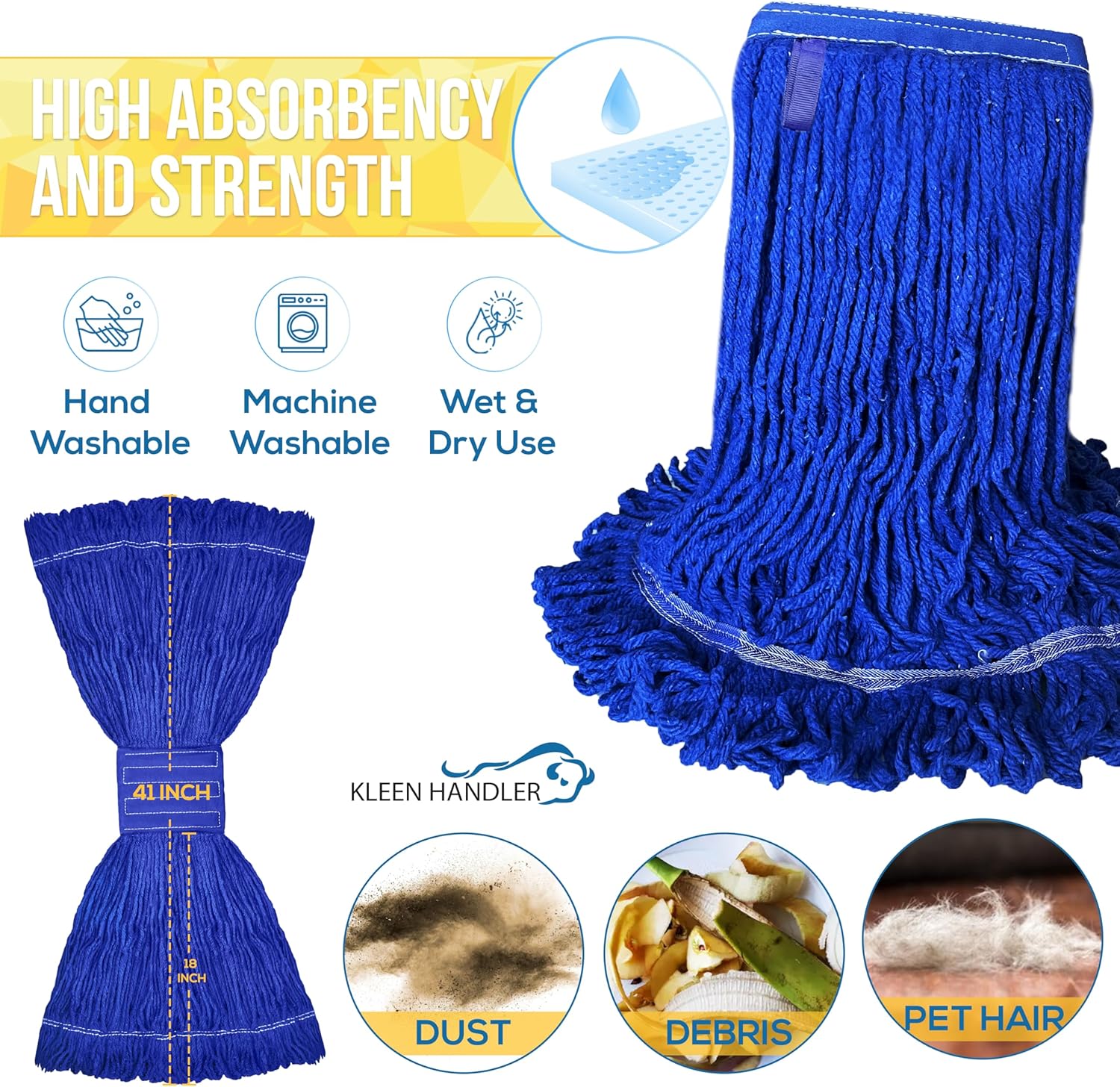 KLEEN HANDLER Blended Loop End Heavy Duty Mop Head Replacement, Wet Mop Refills for Industrial and Commercial Use, Dark Blue, 32 Oz (3-Pack)