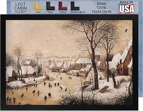Paisaje de invierno de cabaña perdida con patinadores y una trampa para pájaros de Pieter Bruegel  Imprimir marco plano negro  Reproducción de