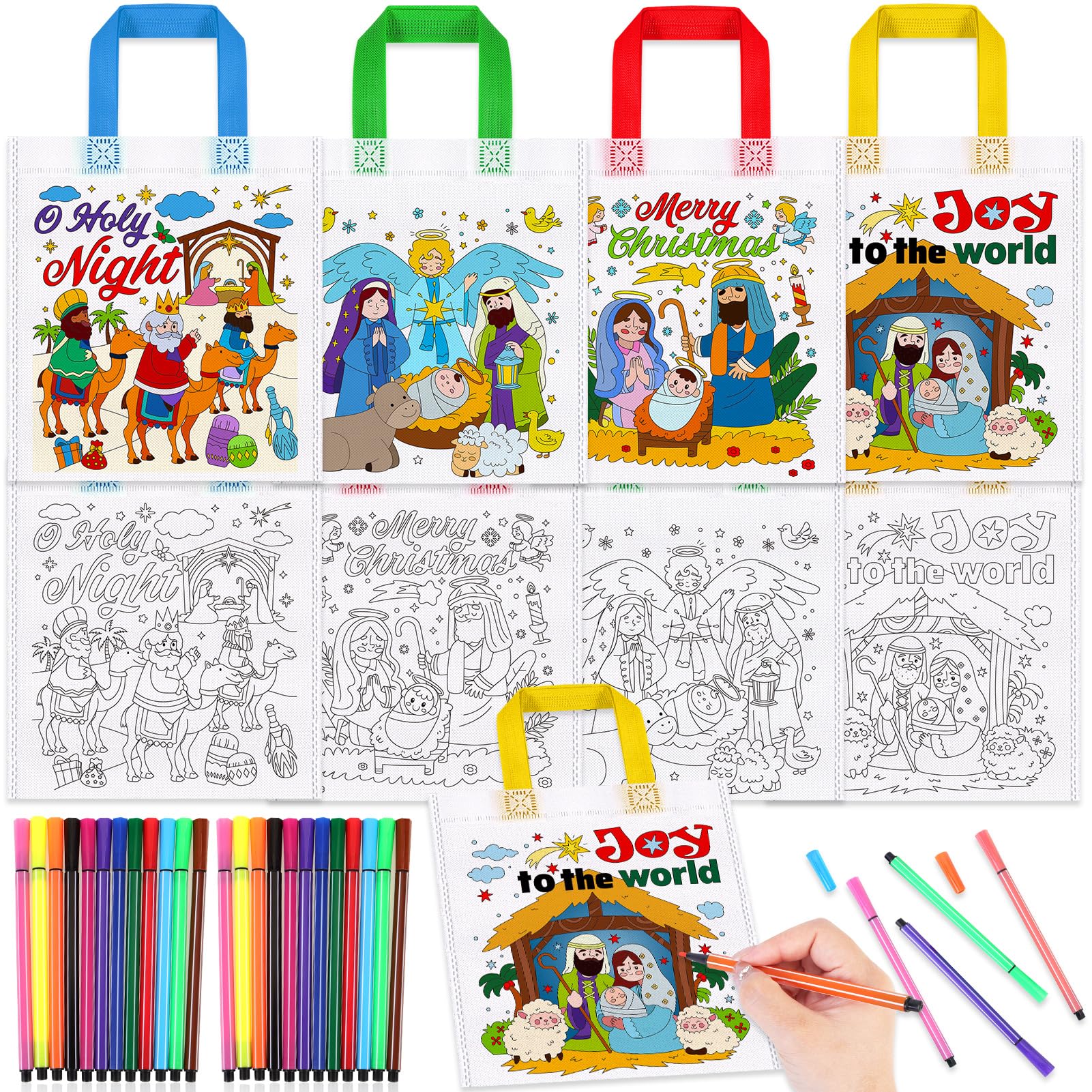 HOWAF12 Pcs Nativity Christmas Coloring Gift Bags for kids Nativity Scene Bags with 24 Paint Pens,Holy Night Christian Coloring Non-Woven Gift Bags Religious Christmas Joy to the World Gift Bags for Xmas classroom Supplies Activity