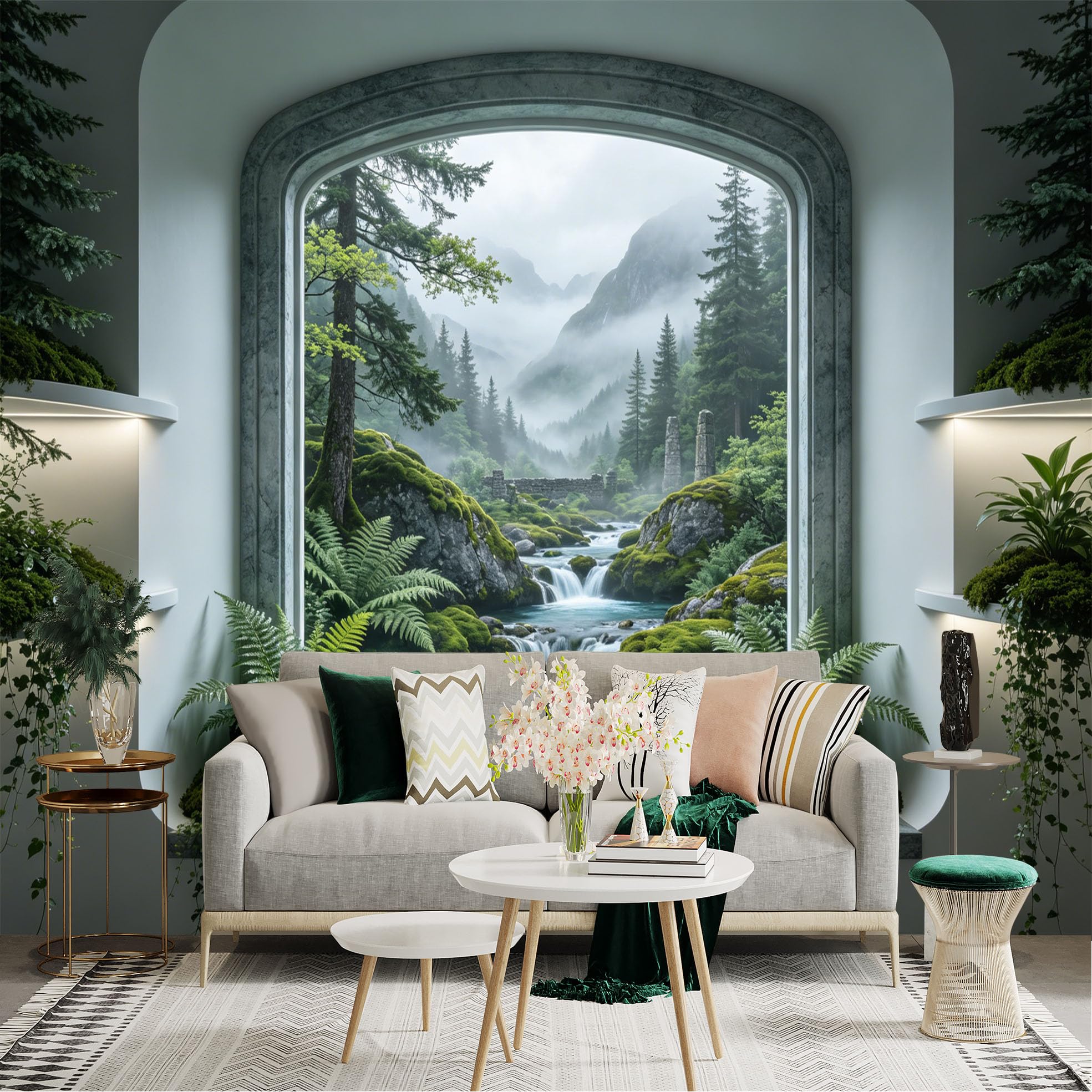 Lnzczhyre Dbh260521545 Custom Size Wall Sticker Mural， Misty Mountain Stream， Enchanting Forest Landscape， Tranquil Waterfall View， For Wall Decoration， Peelandstick Wall Decals.