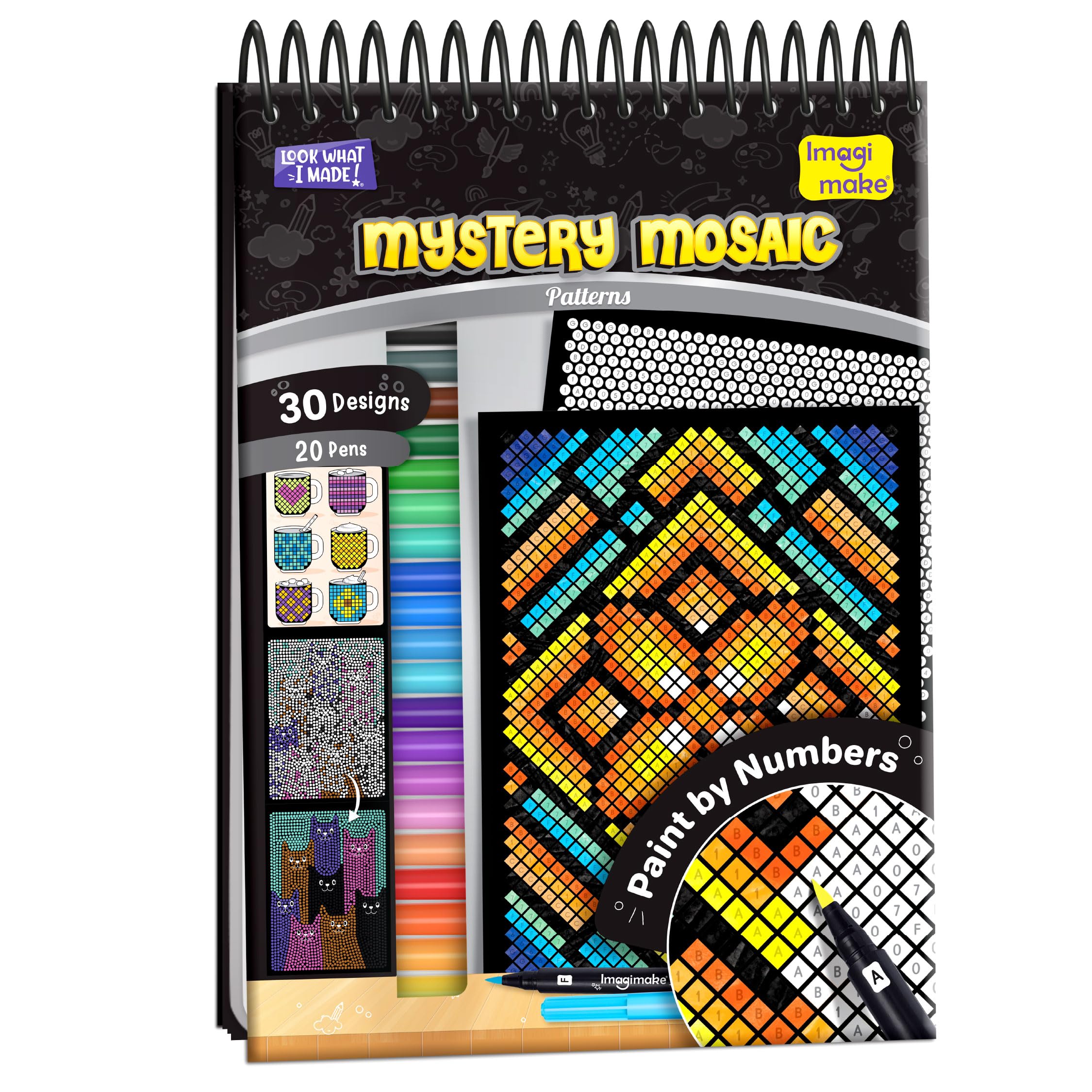 Imagimake Mystery Mosaic Patterns |Paint by Numbers Kit |30 Design Sheets & 20 Colouring Pens | Mess free Travel friendly Painting kit | Slow Craft kit for relaxation |Gift for Girls & Boys Ages 10,11,12,13,14