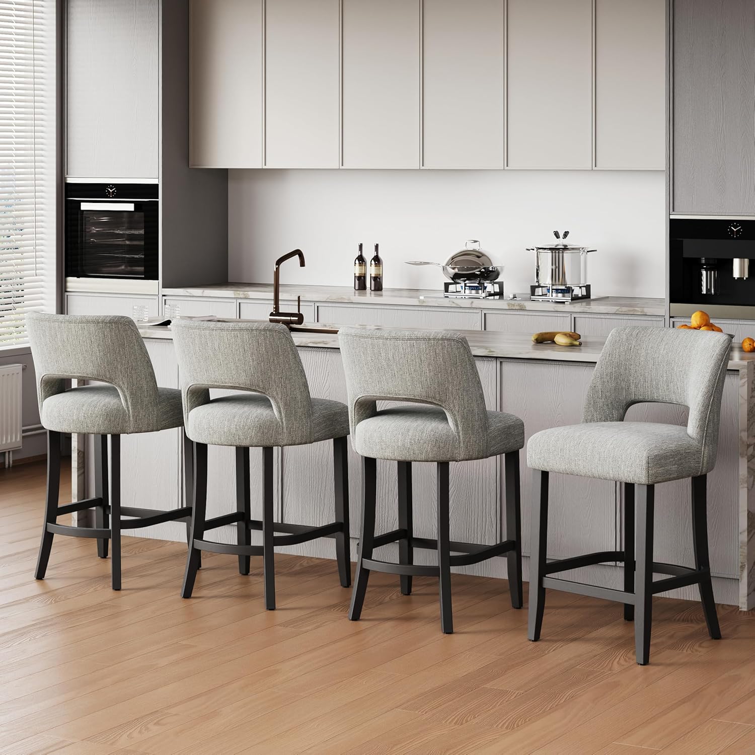 keoni 26'' Counter Height Bar Stools Set of 4, Upholstered Bar Stools with Black Wood Legs, Modern Counter Stools with Back for Kitchen Island and Bar, Light Gray