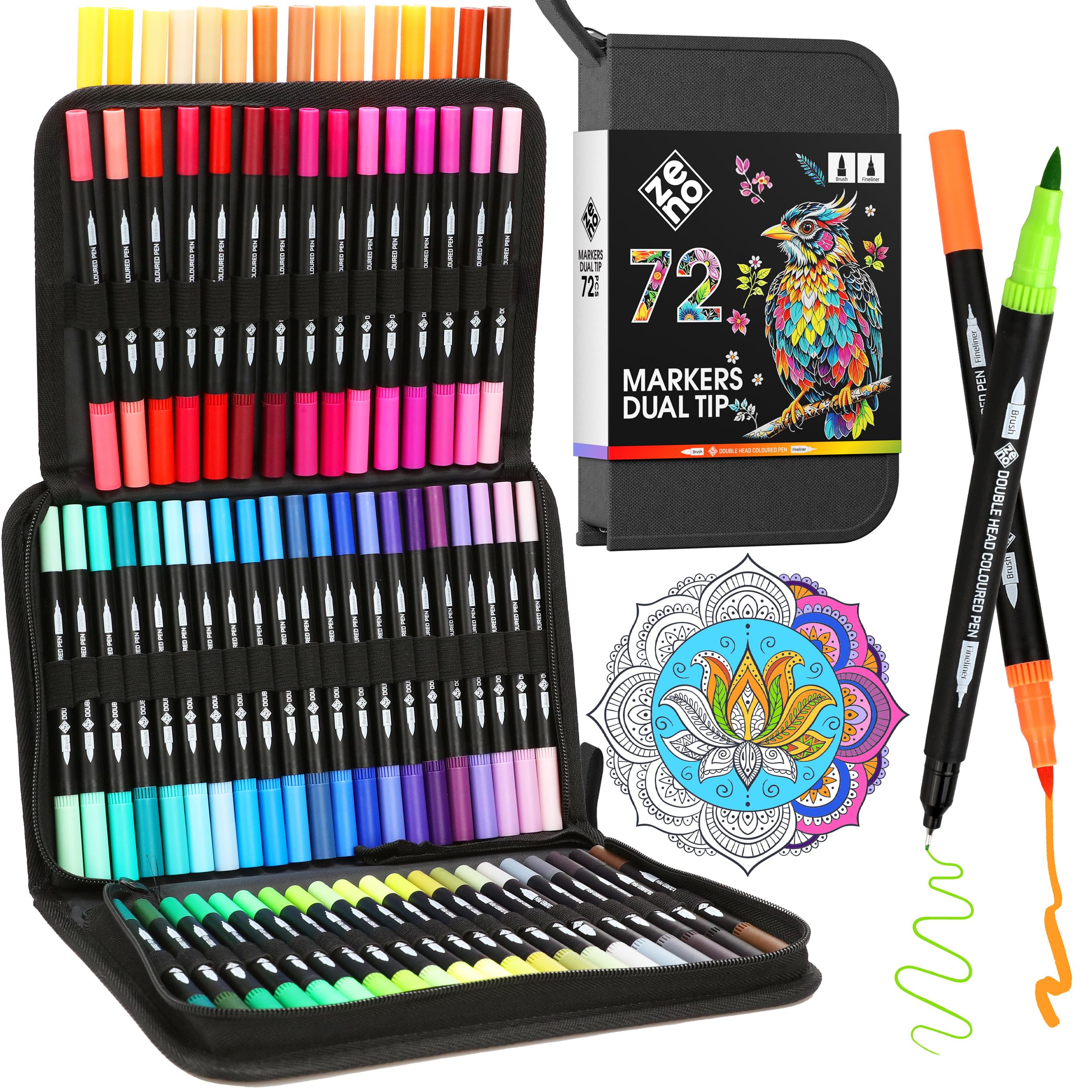 ZENO 72 Set-B Dual Tip Markers with Case - Brush Pen with Fine Tip and Brush Tip for Mandalas, Drawings, Lettering and Coloring Books - Professional Markers for Adults and Artists
