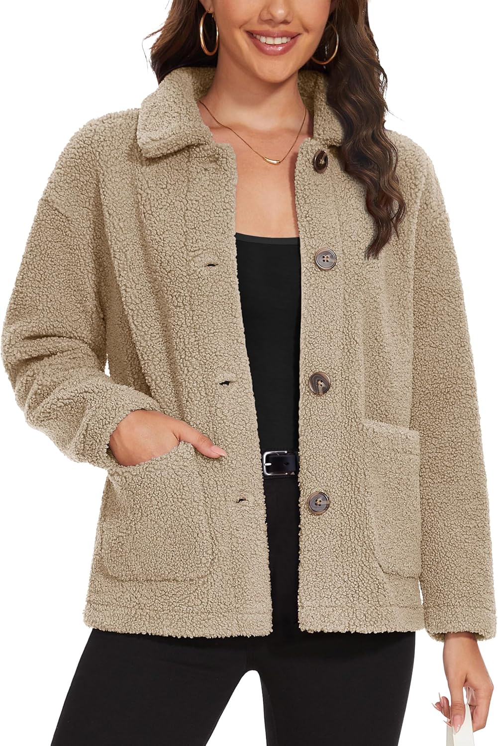 MAGCOMSEN Womens Sherpa Fleece Jackets Fuzzy Warm Winter Jackets Button Down Coat Long Sleeve Outwear with Pockets