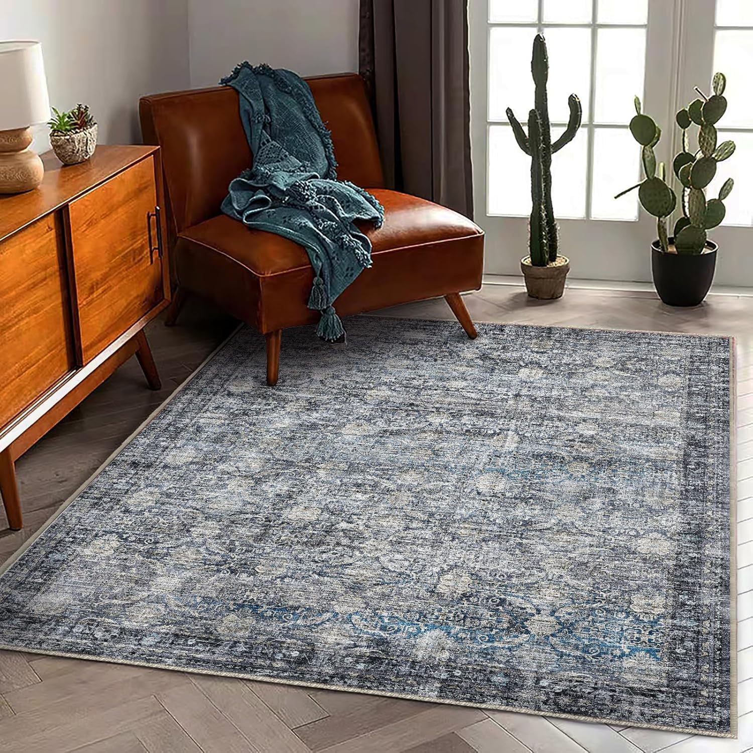 Tapis pour chambre bleu traditionnel vintage doux lavable 200x300cm
