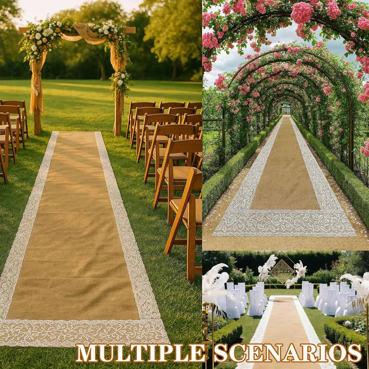 Wedding Aisle Runner, 3ft x 20ft | Lace Jute, Rustic Natural Burlap, For Wedding Ceremony, Beach Garden Church Reception, Craft Decor