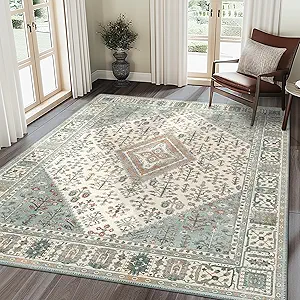 GENIMO 3x5 Area Rugs for Living Room, Machine Washable Boho Vintage Rug Non Slip, Printed Thin Low Pile Lightweight Chenille Carpet Rugs for Bedroom, Dining Room, Home Office, Green